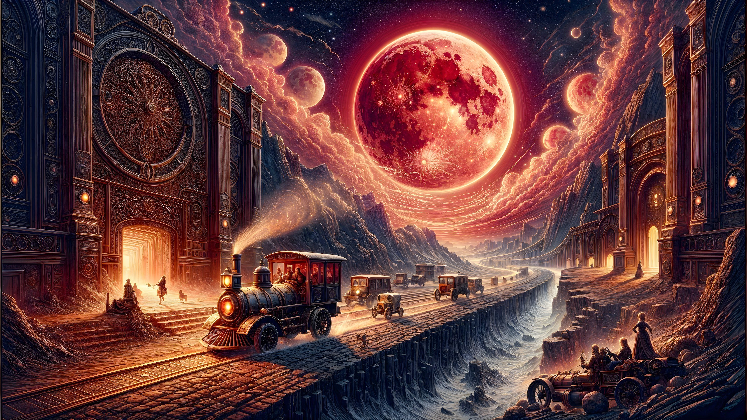 Surreal Landscape with Vintage Train and Red Moon