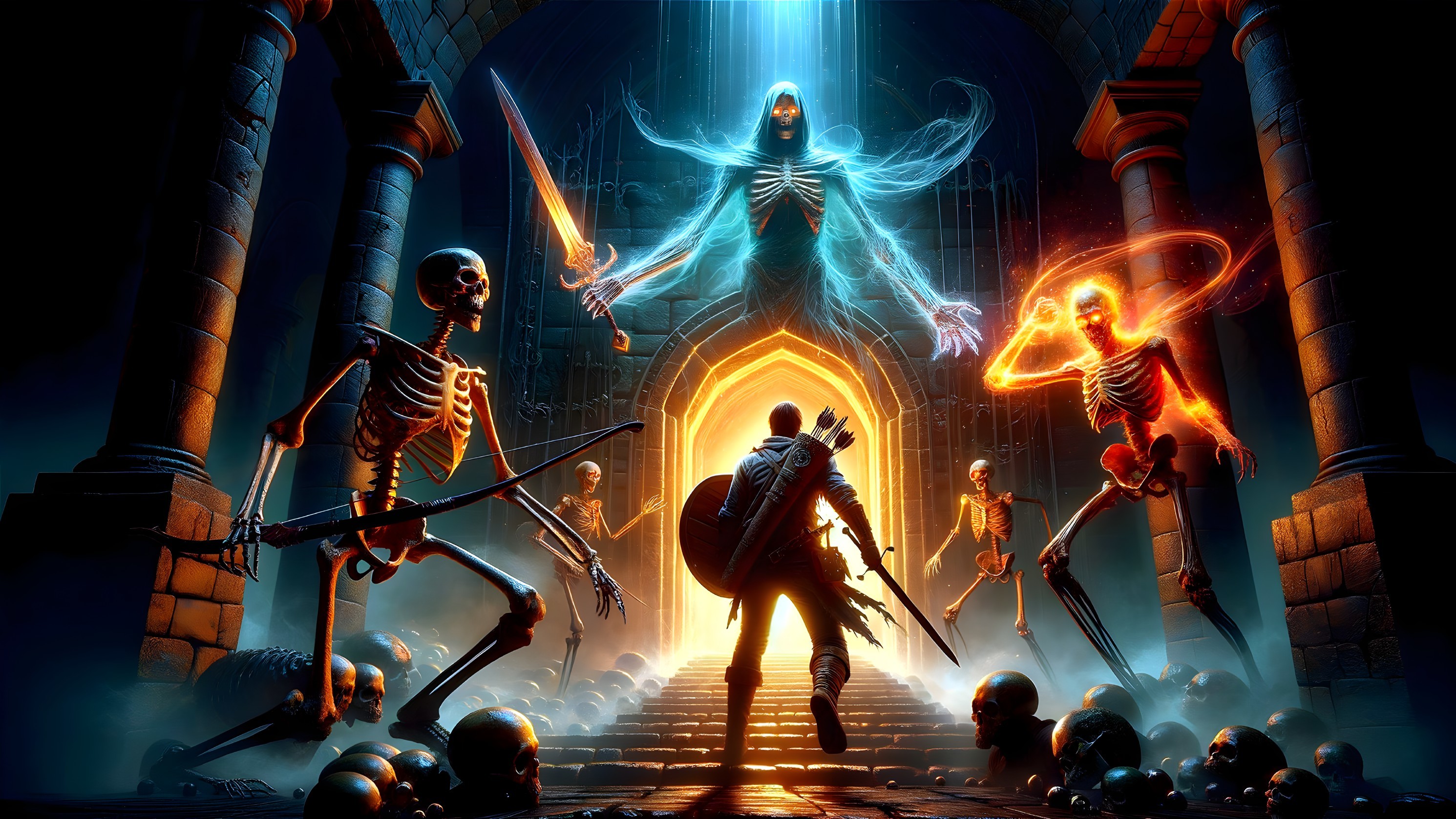 Warrior Confronts Ghostly Figure in Dark Setting