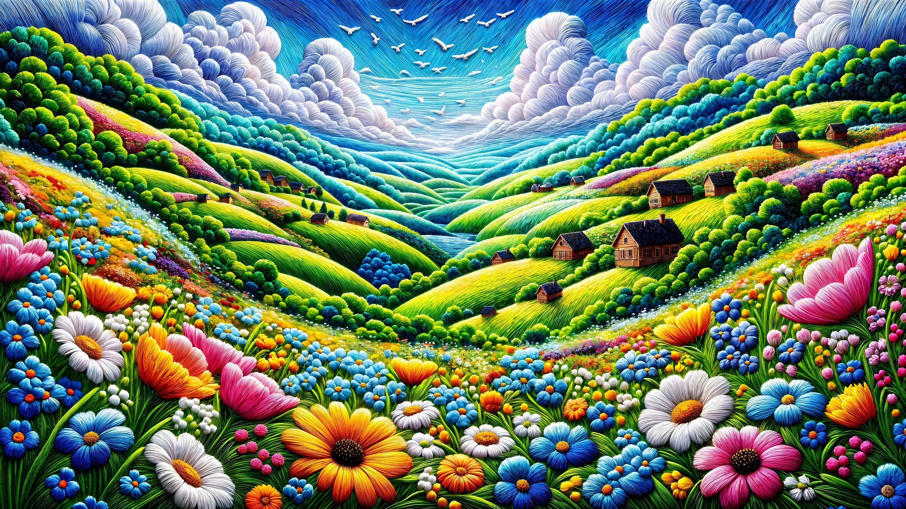 Vibrant Rural Landscape with Green Hills and Flowers