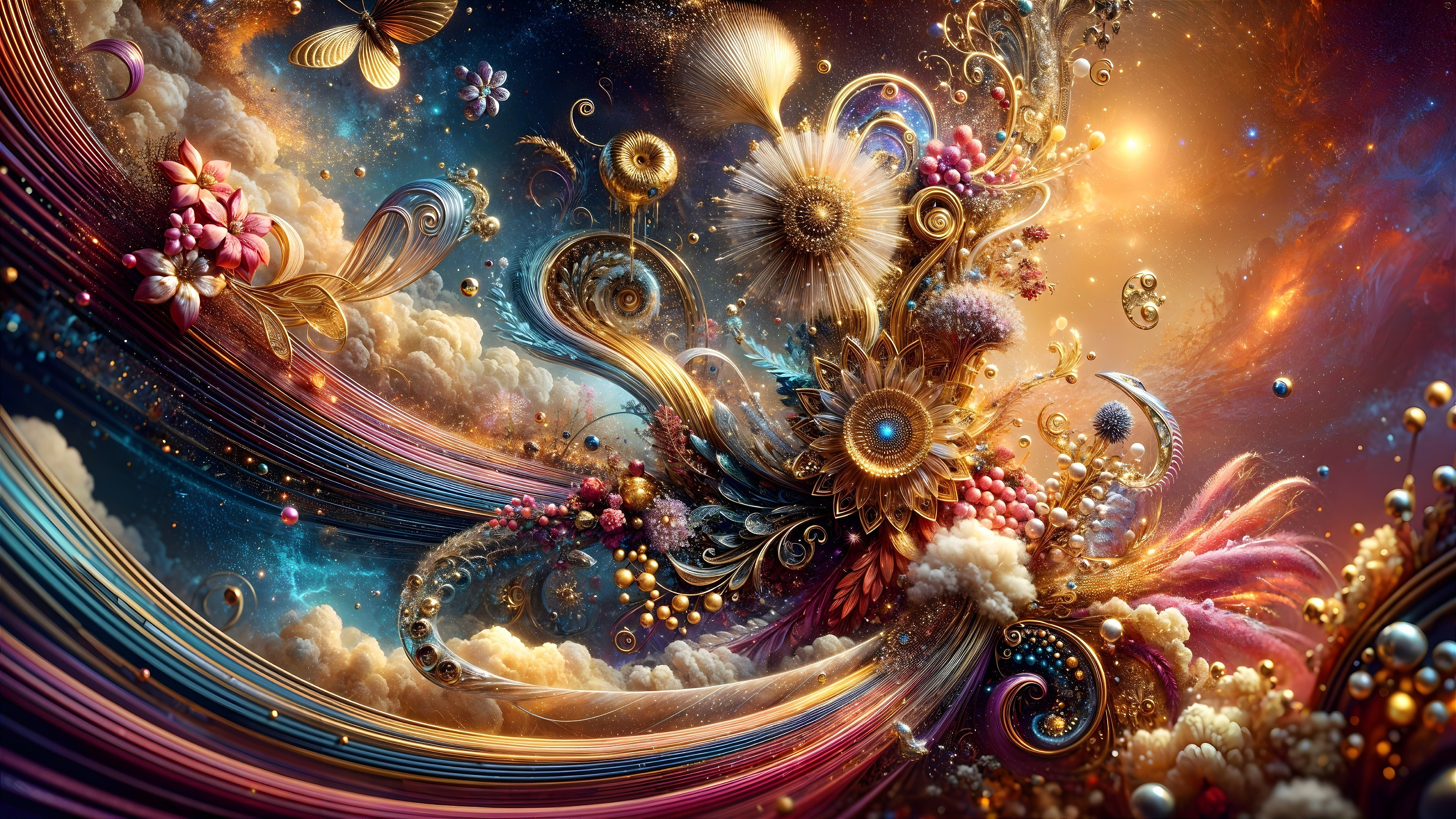 Surreal Landscape with Colorful Patterns and Butterflies