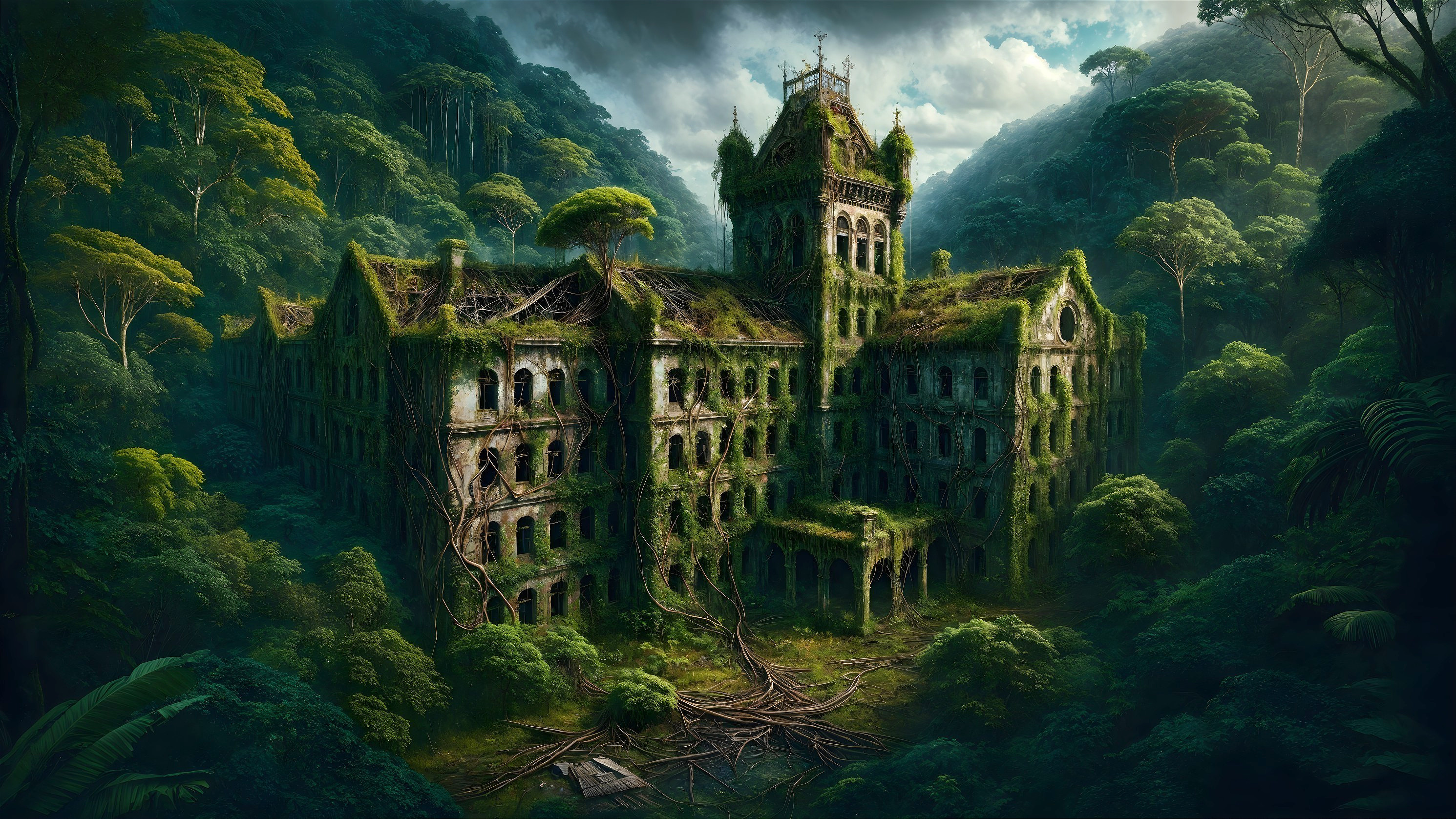 Abandoned Gothic Building Surrounded by Lush Nature