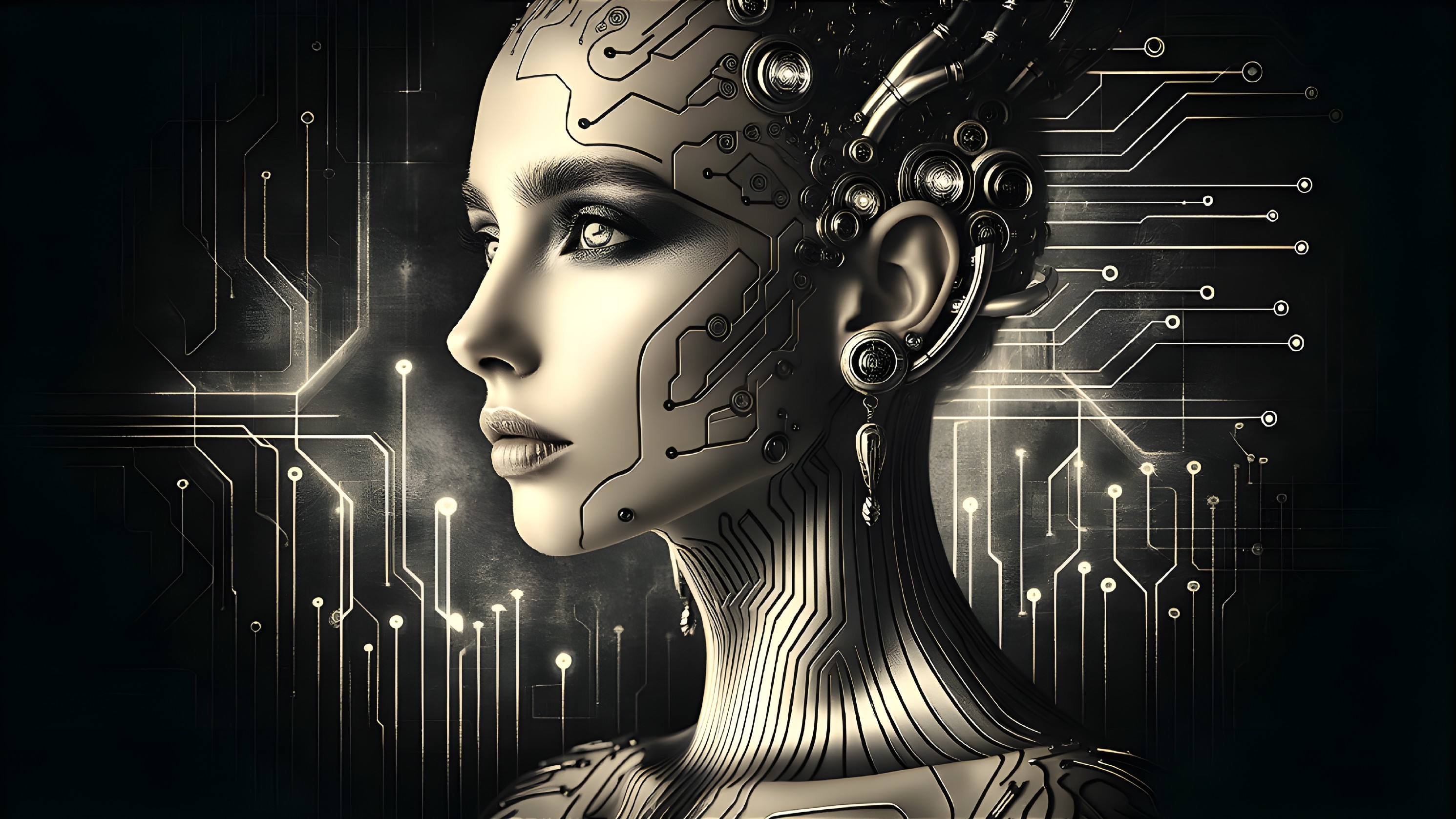 Futuristic Cyborg Woman with Circuitry and Metal Elements