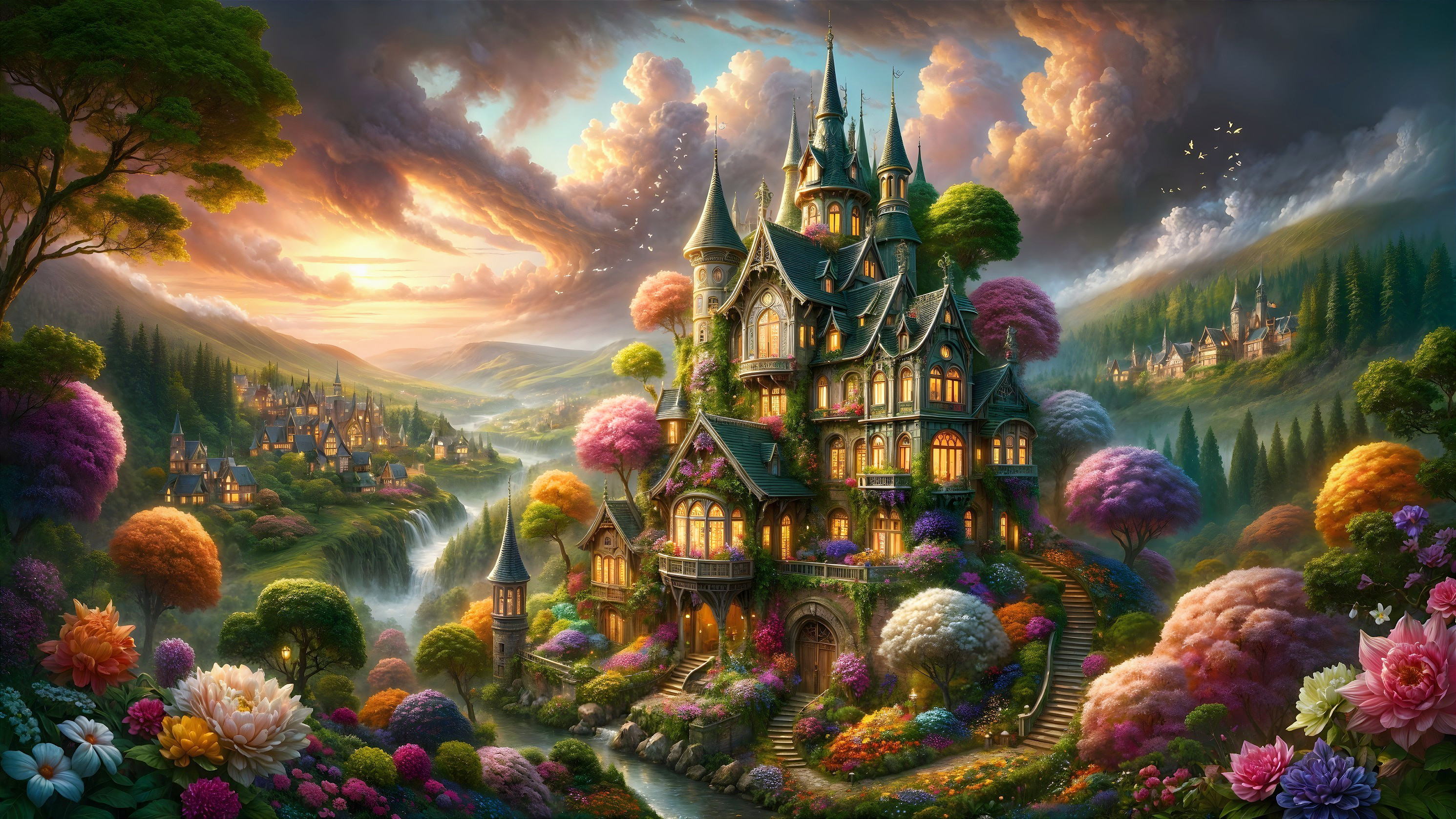 Whimsical Castle on Hill Surrounded by Vibrant Nature