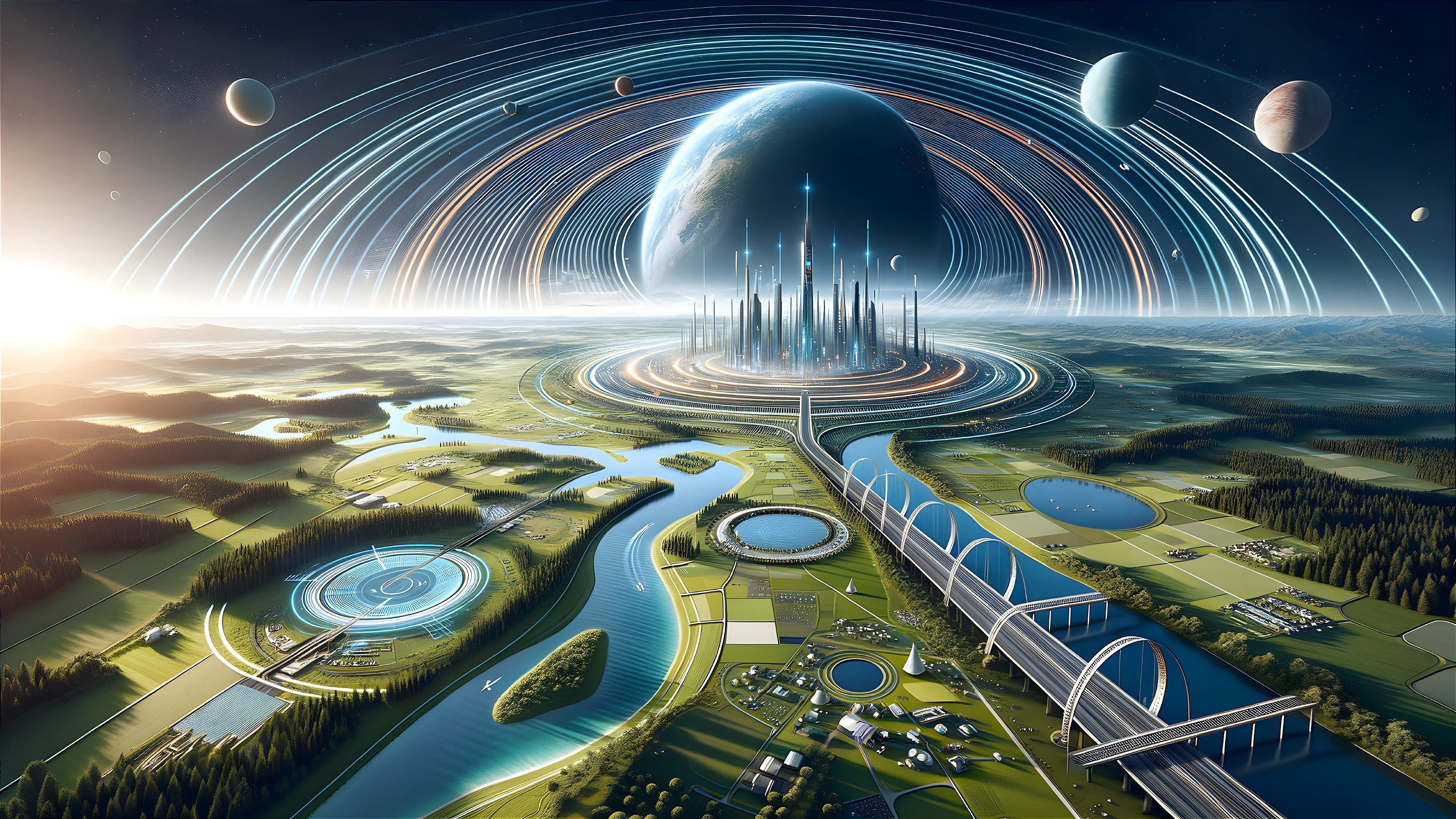 Futuristic cityscape with nature and celestial bodies
