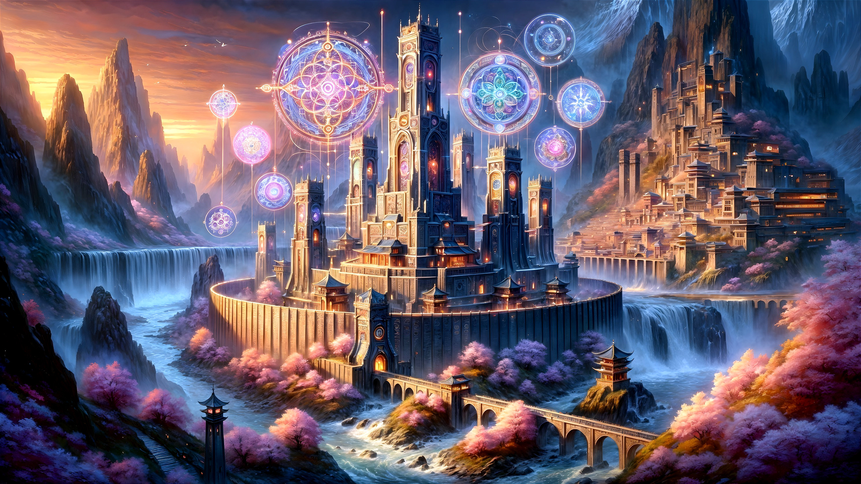 Fantasy Landscape with Citadel and Waterfalls