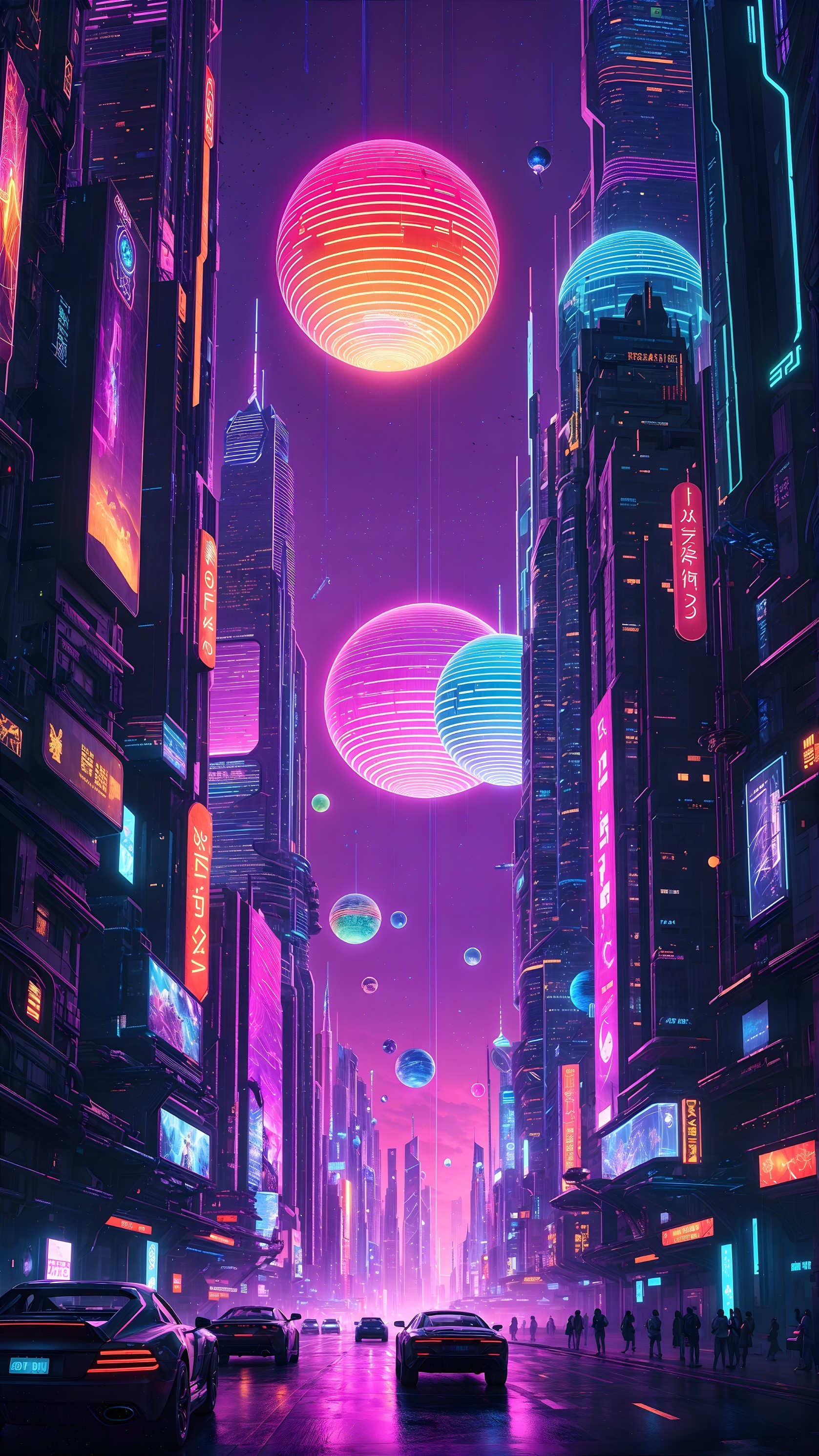 Futuristic cityscape with neon lights and skyscrapers