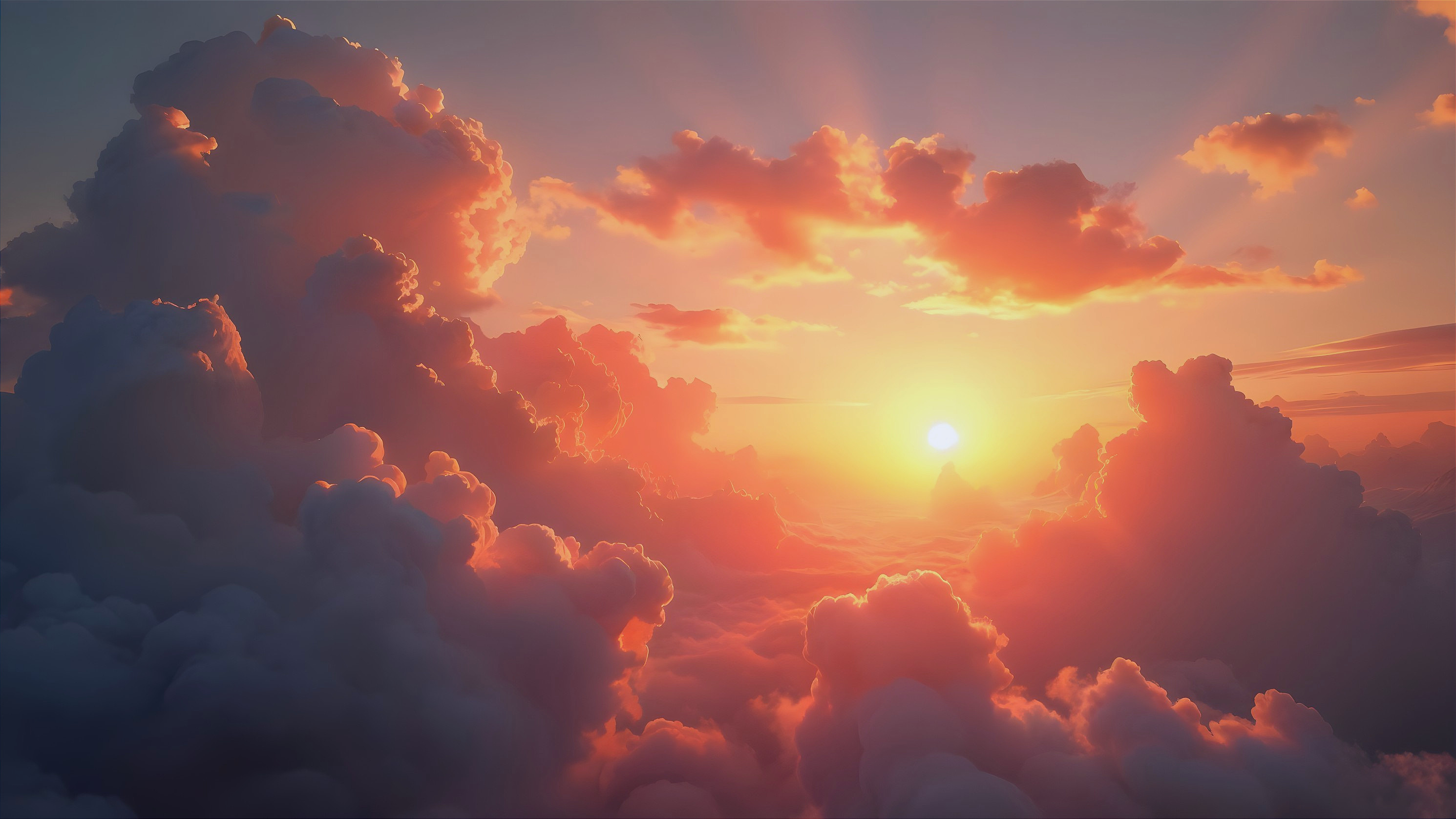 Sunset with Orange and Pink Hues Over Fluffy Clouds