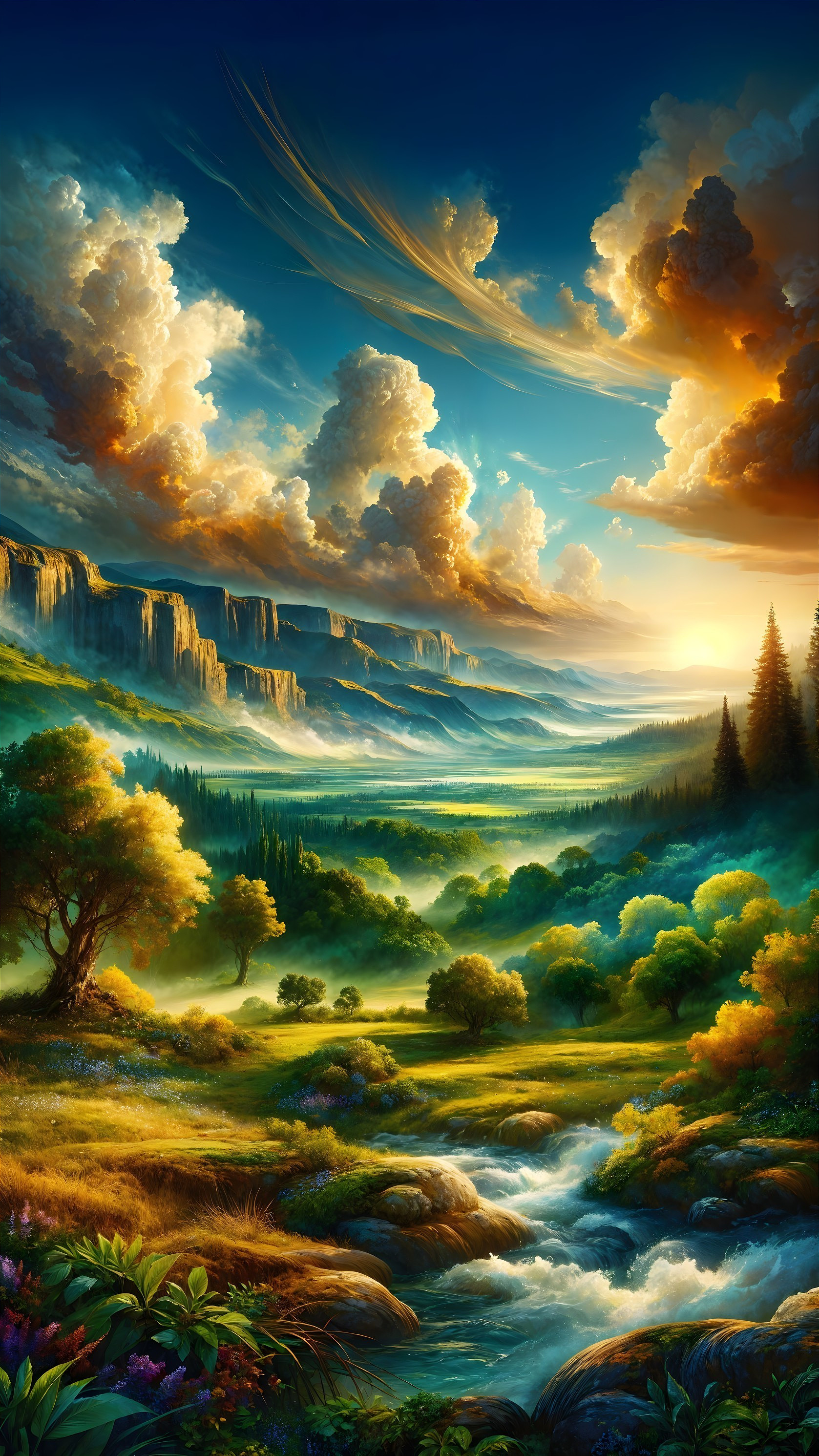 Sunset Landscape with Hills, Cliffs, and River