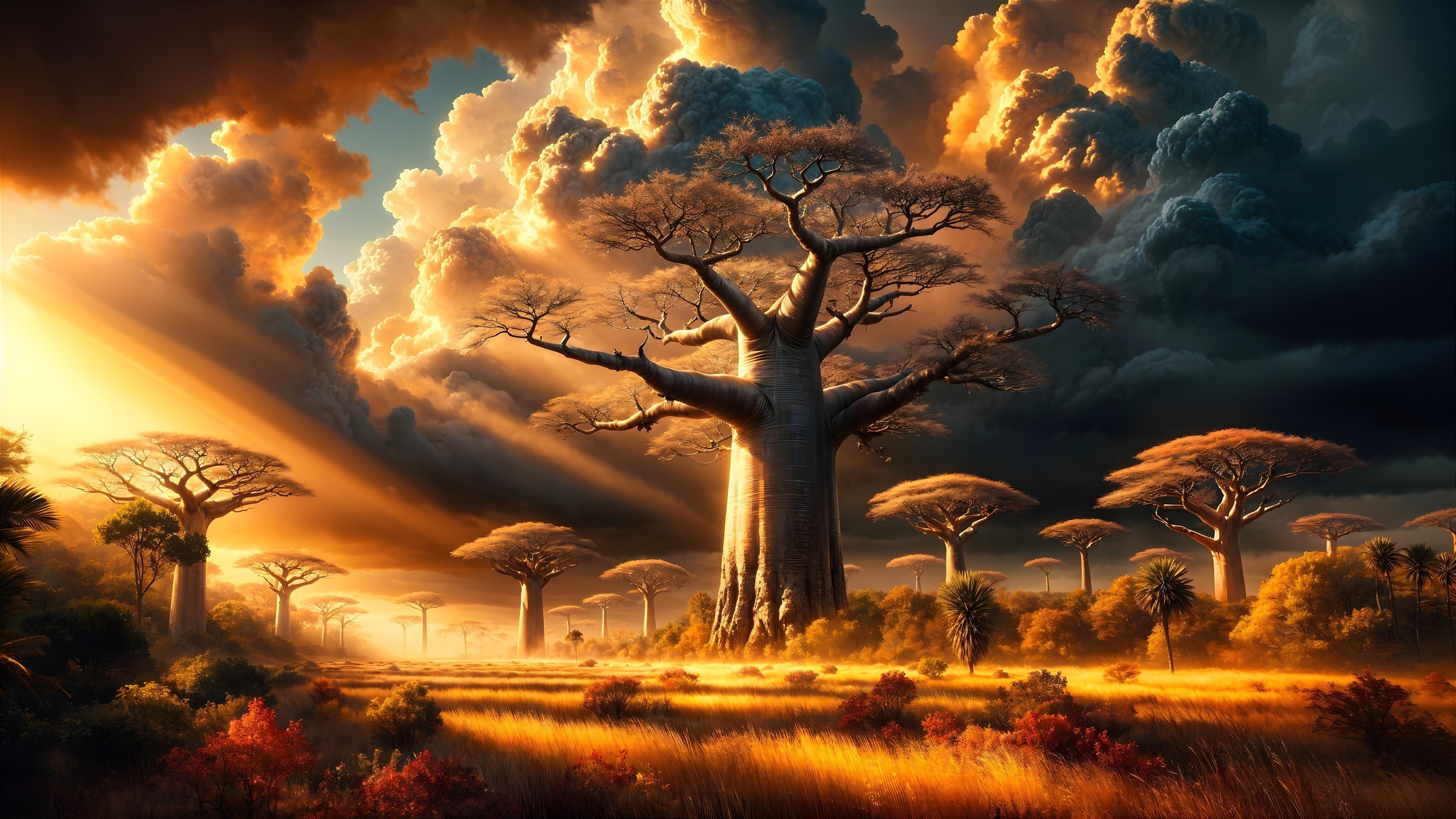 Sunset Over Vibrant Landscape with Baobab Trees