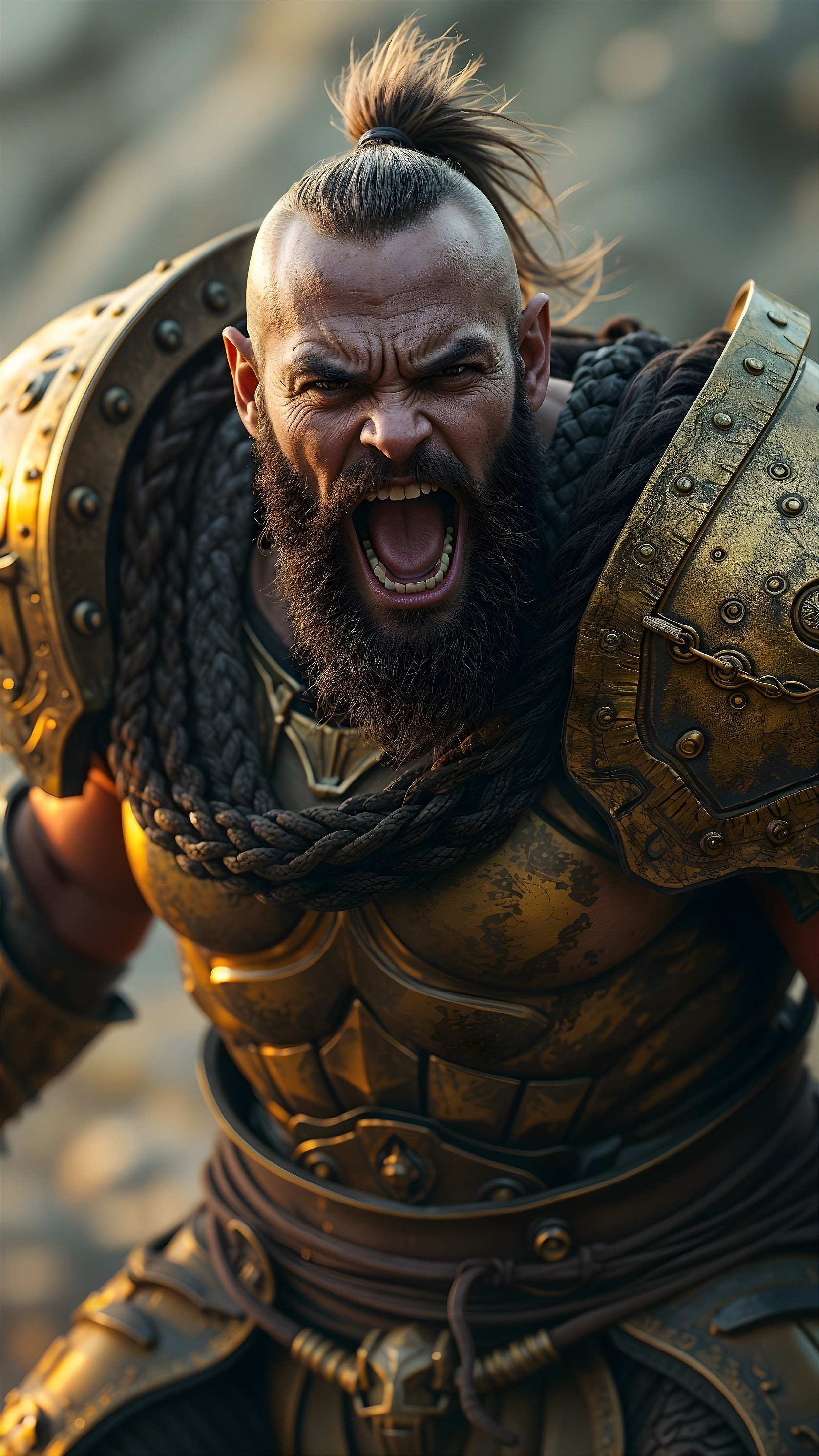 Fierce warrior in ornate golden armor with epic backdrop