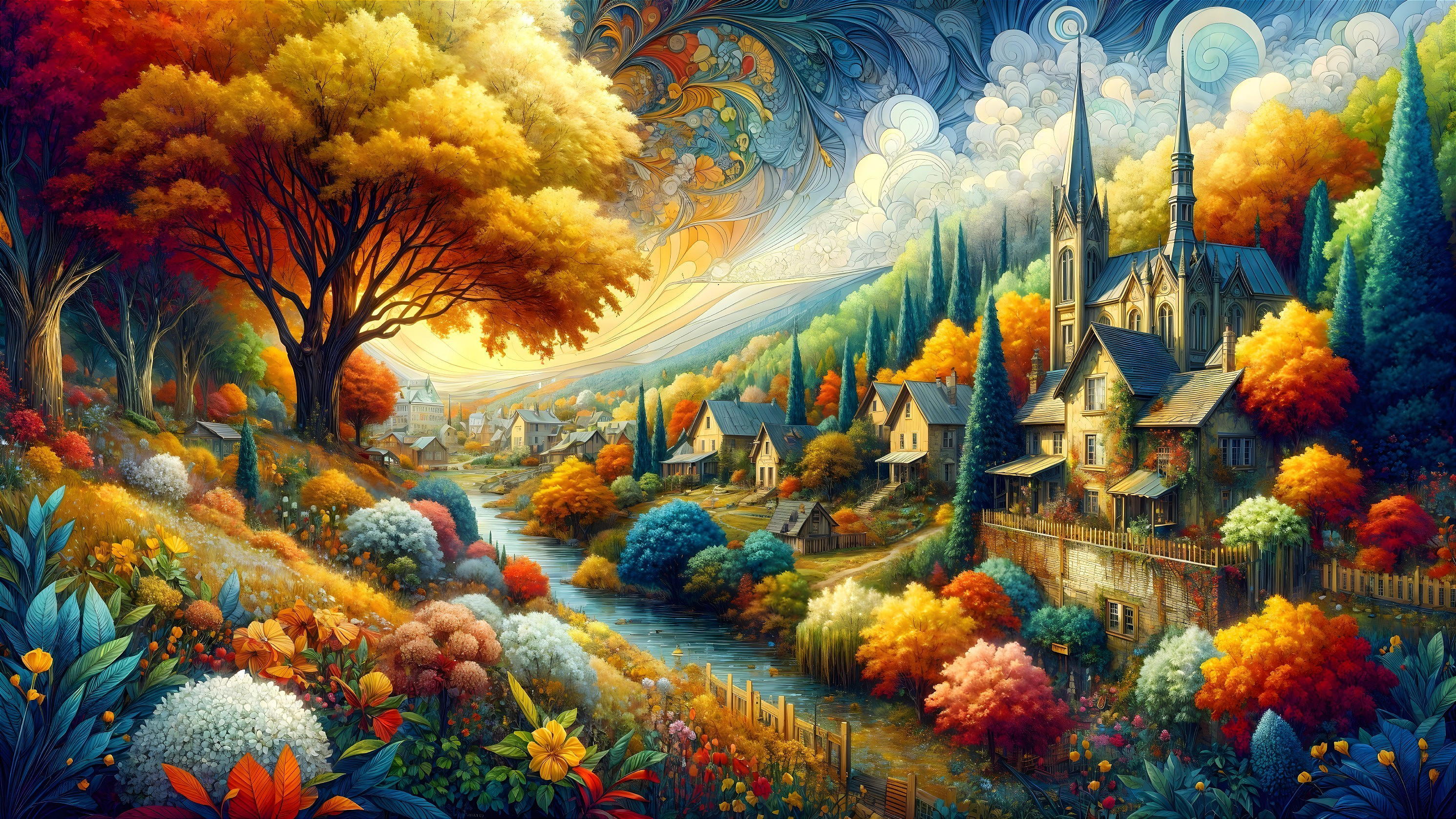Vibrant Autumn Village Landscape with Lush Foliage