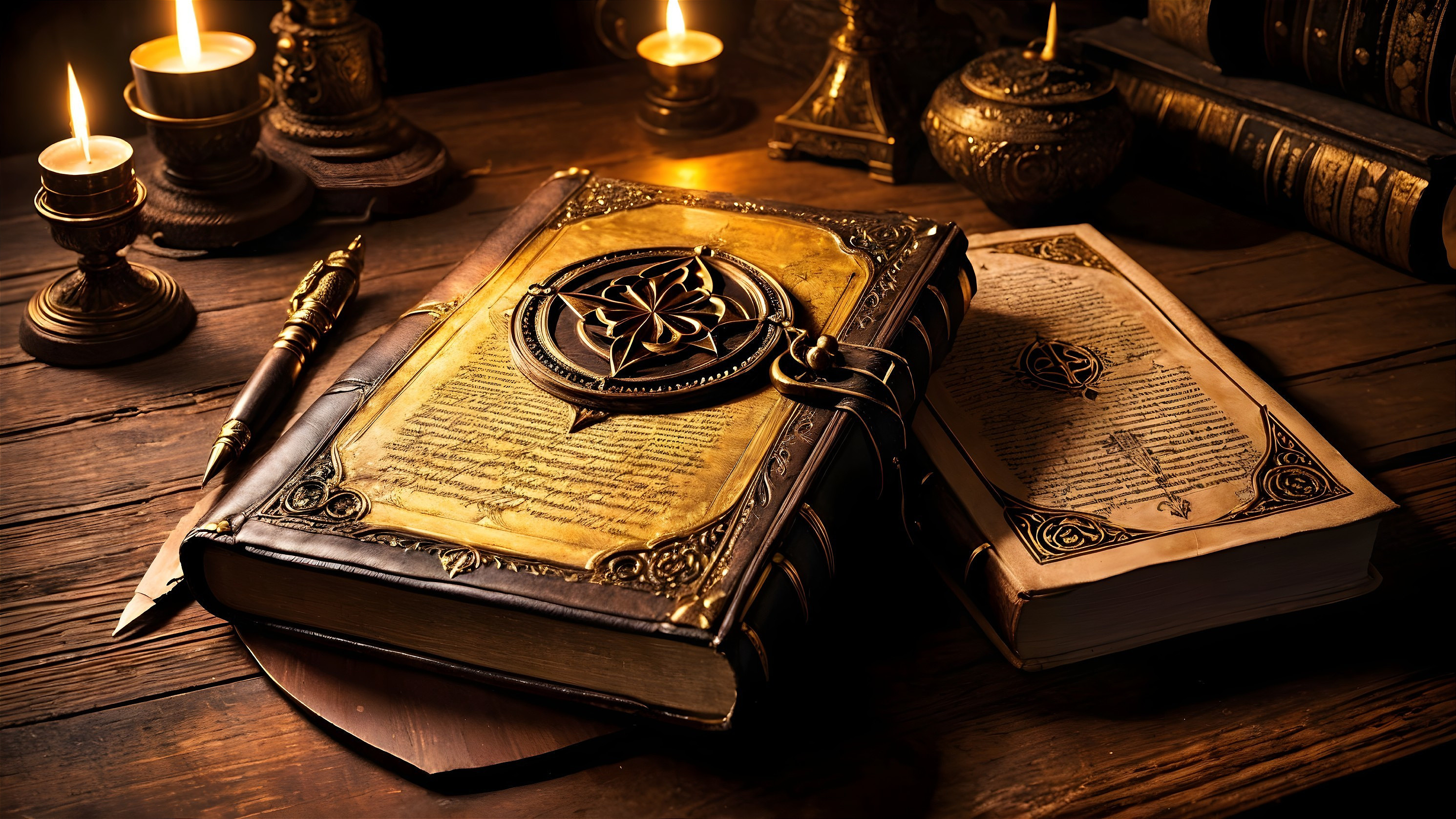 Antique Book and Quill on Wooden Table with Candles