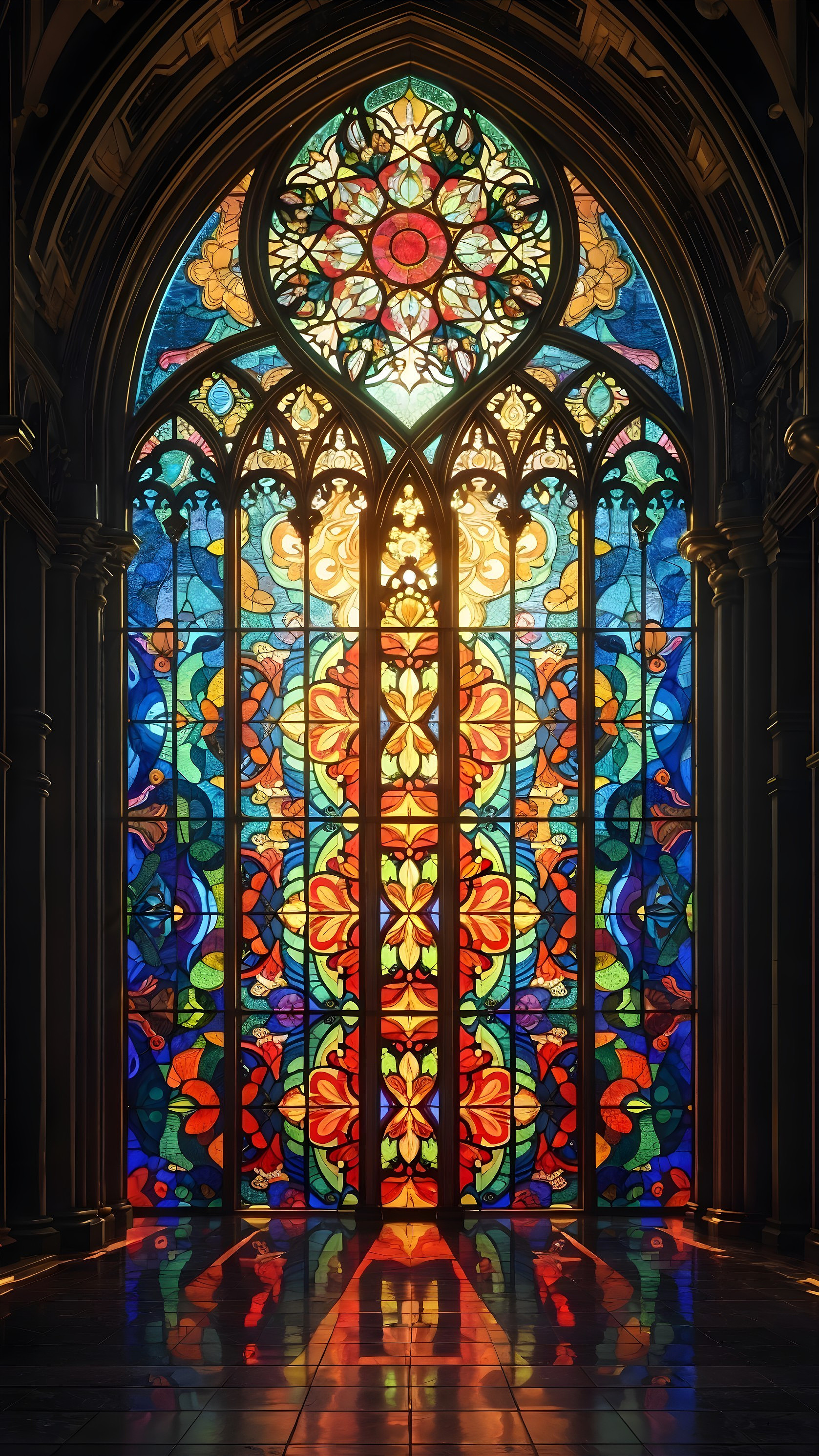 Gothic Stained Glass Window with Floral Patterns