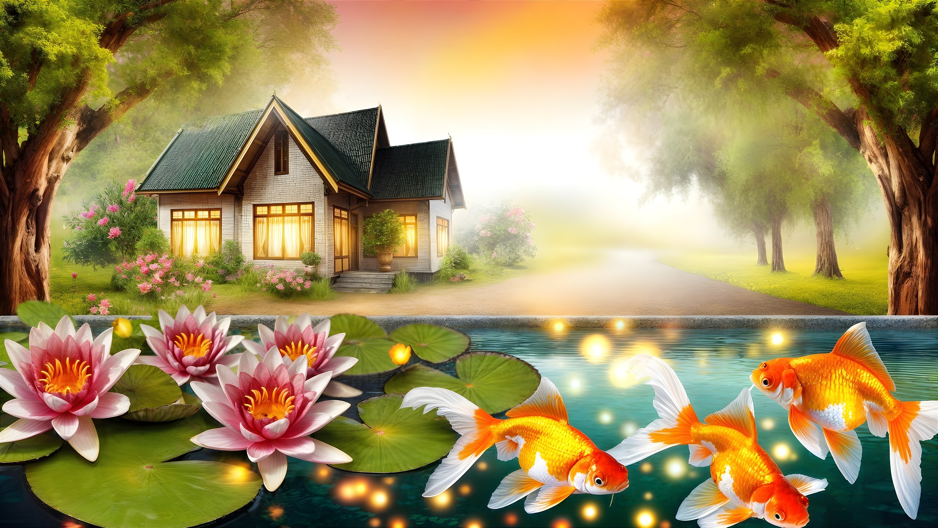 Serene Landscape with House, Pond, and Sunset Glow