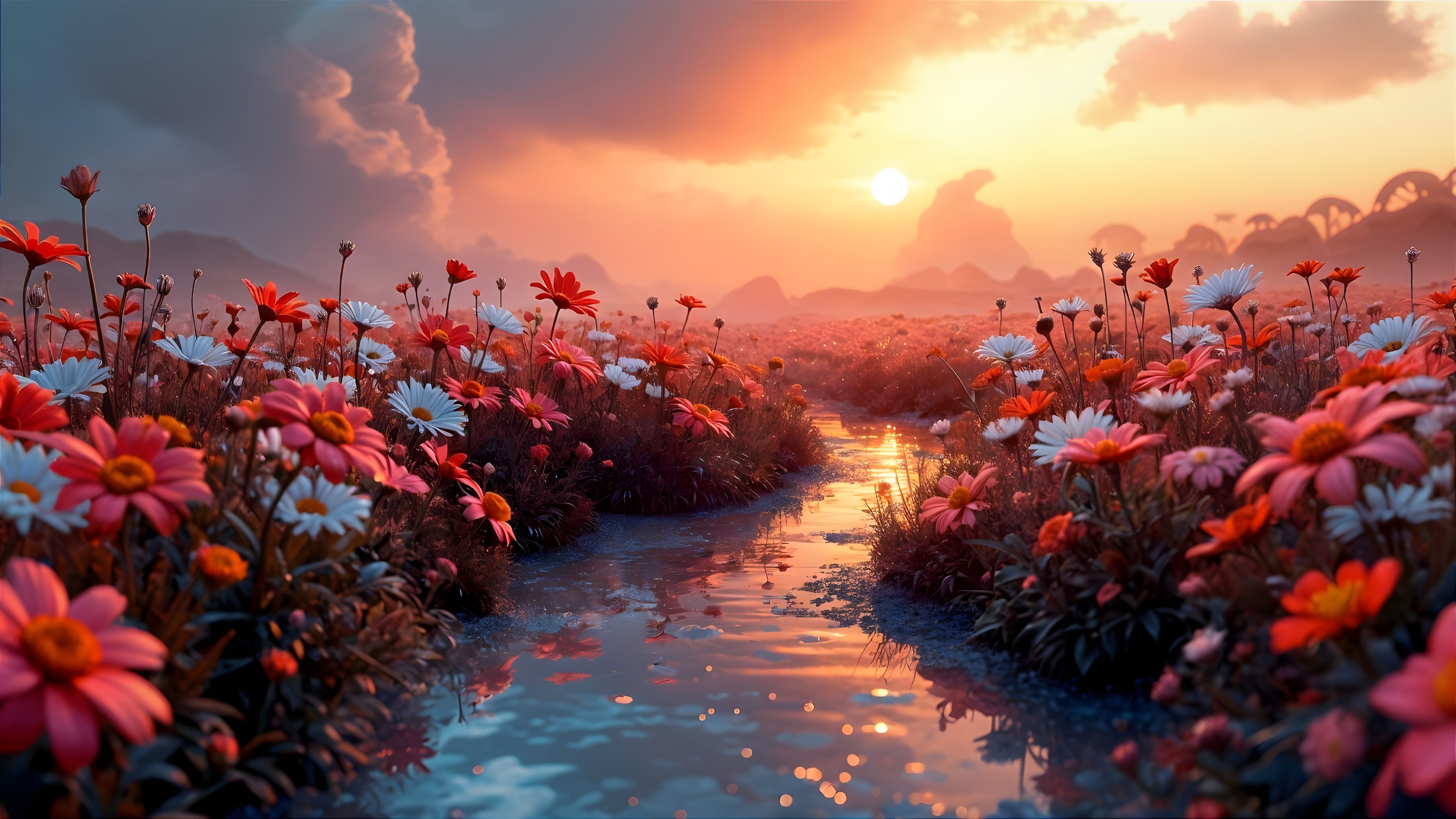 Vibrant Landscape with Flowers and Sunset Reflection