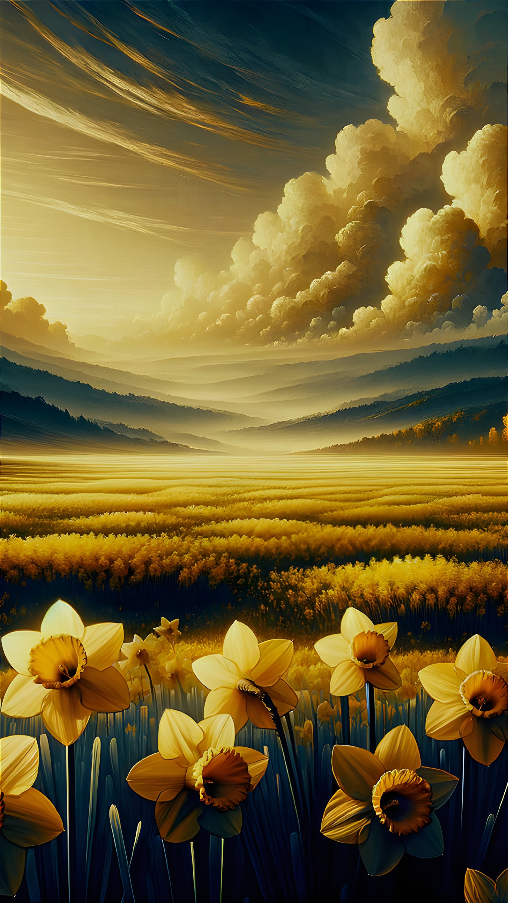 Serene Dusk Landscape with Daffodils and Hills
