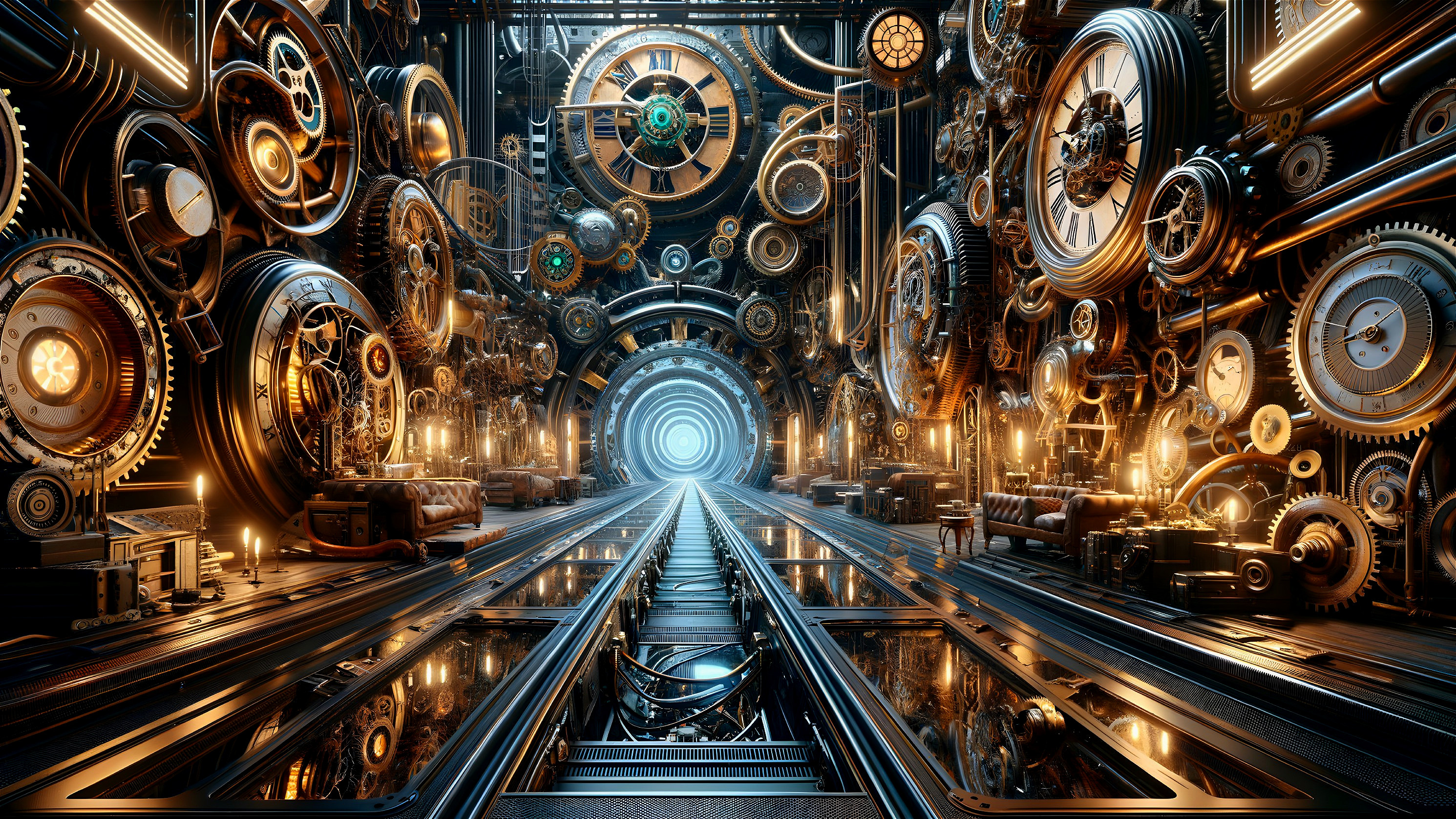 Futuristic chamber with gears, clocks, and glowing portal