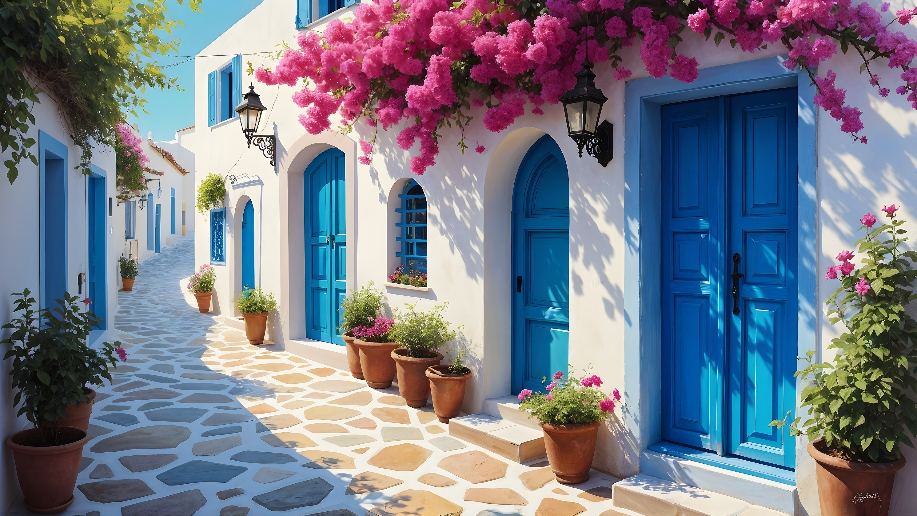 Mediterranean Street with Blue Doors and Bougainvillea