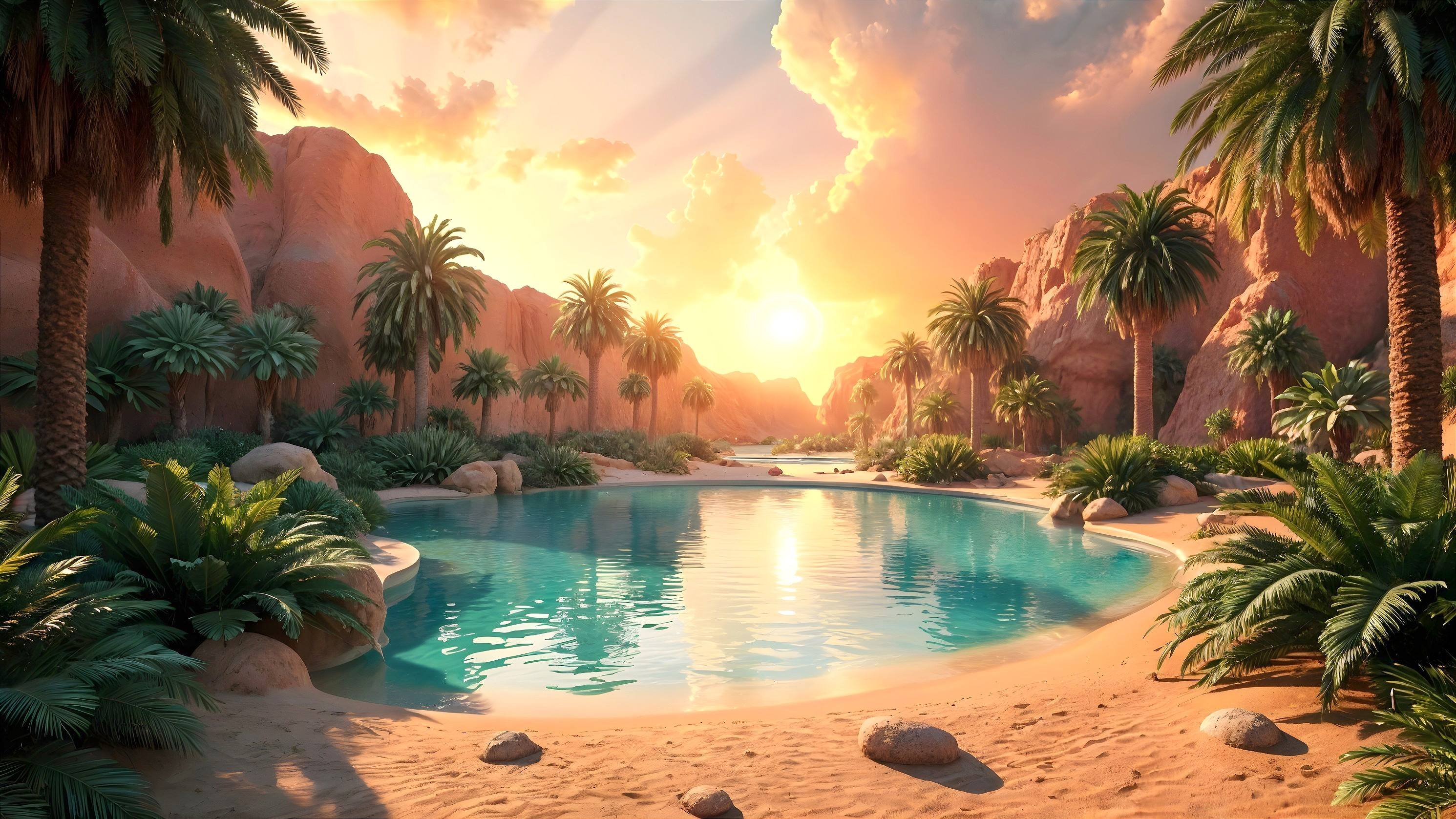 Tropical Oasis at Sunset with Reflective Pool and Cliffs