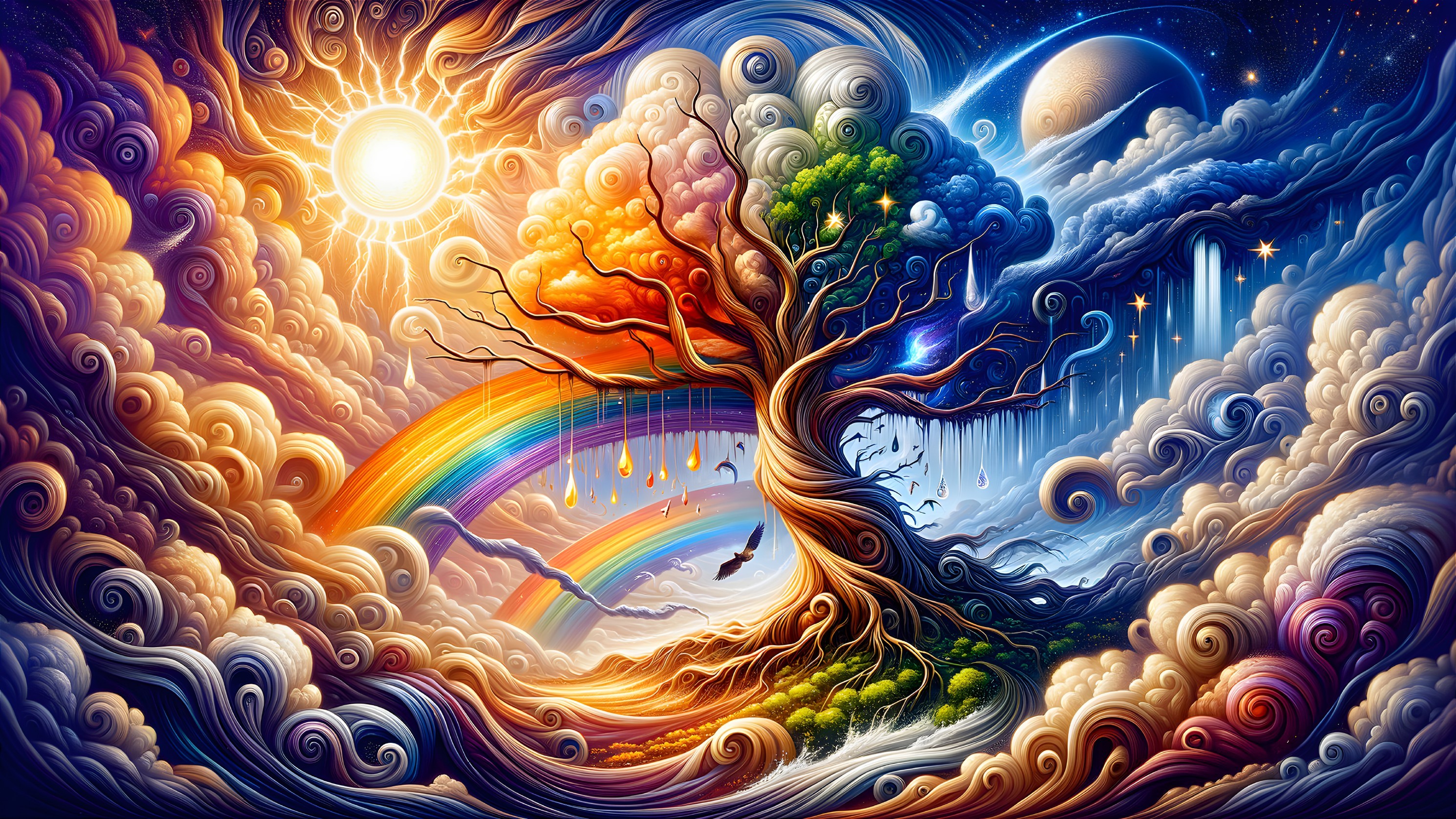 Surreal Landscape with Majestic Tree and Rainbows