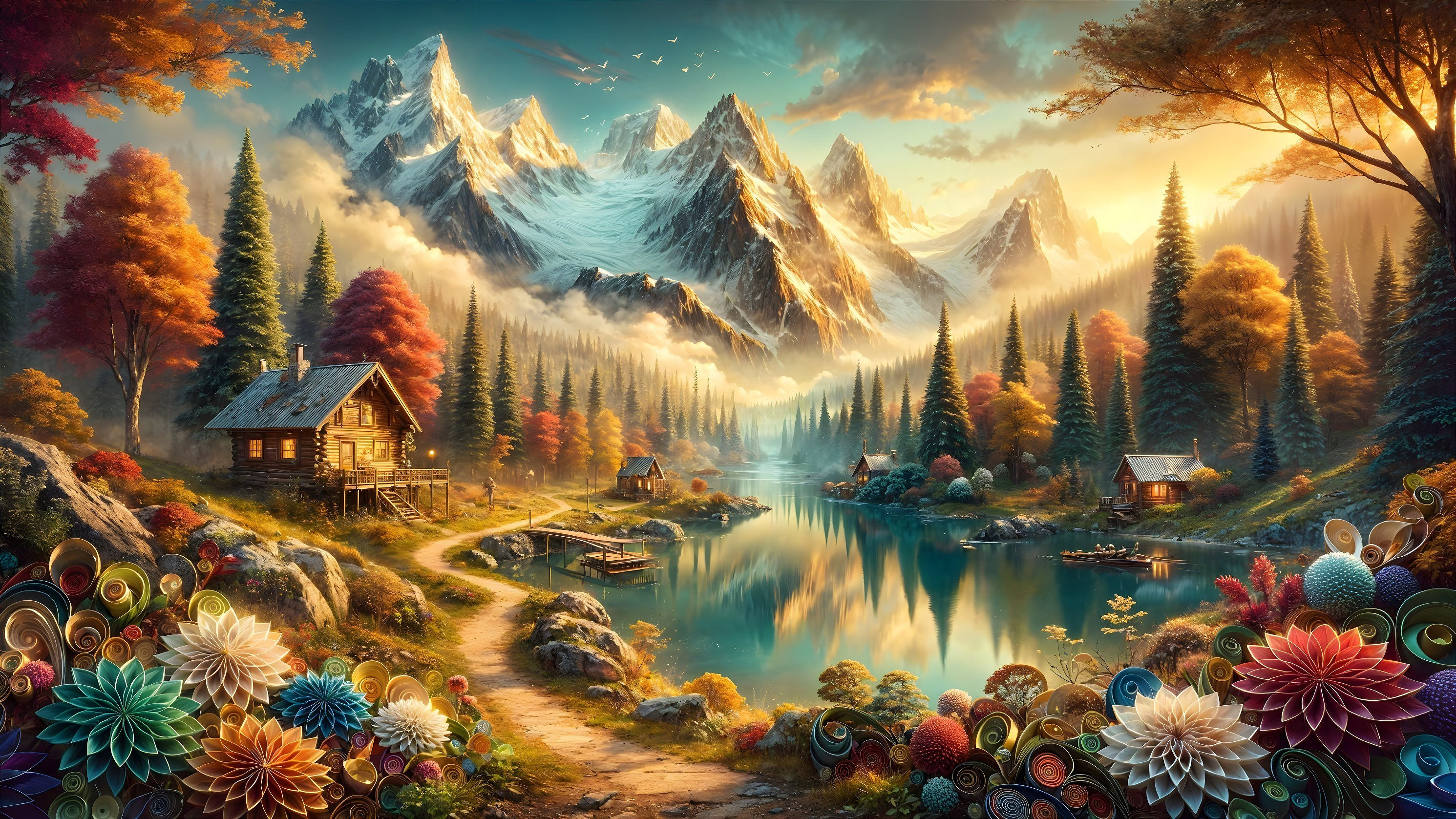 Serene landscape with snow-capped mountains and lake