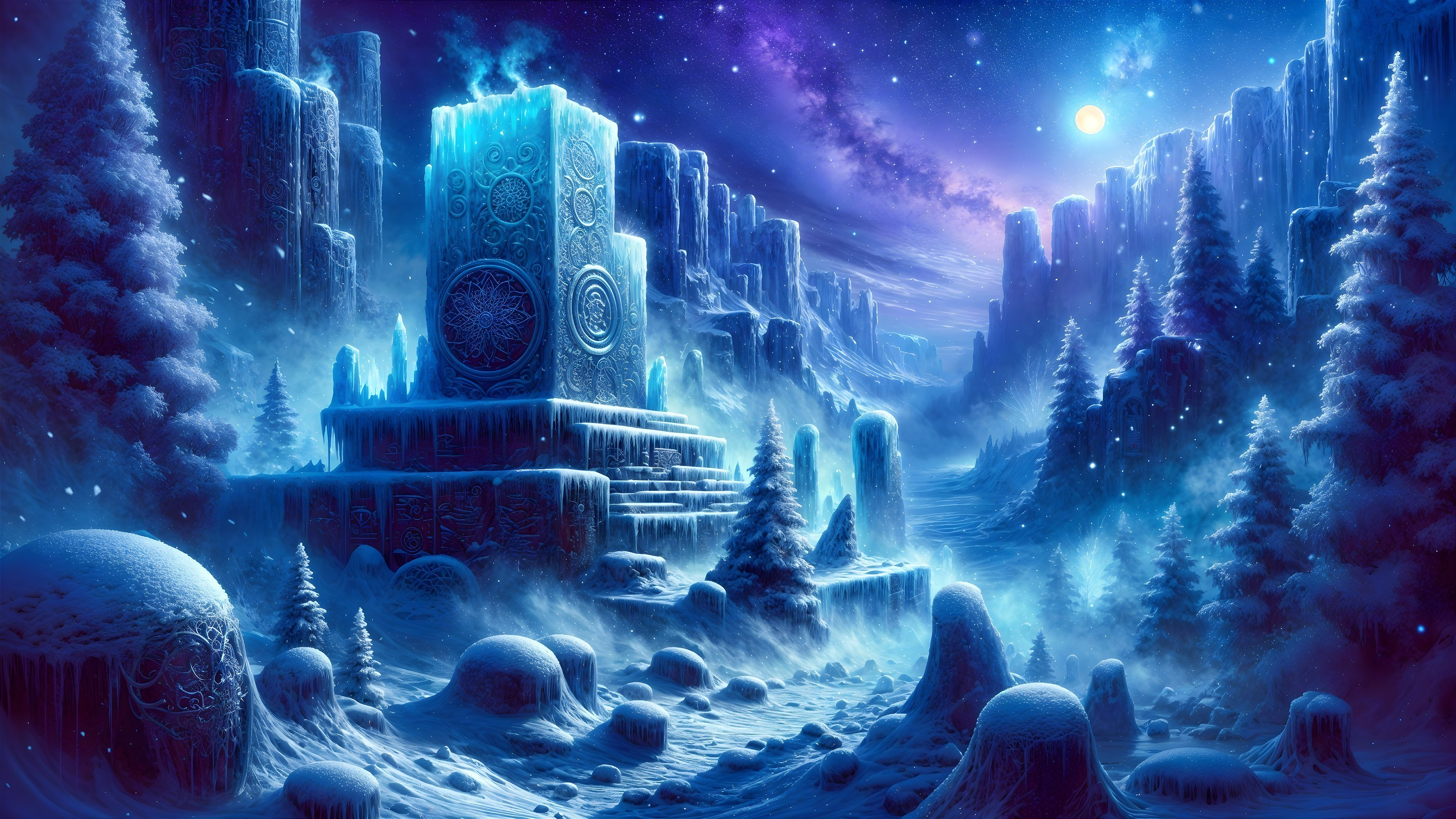 Mystical Winter Landscape with Icy Monoliths and Moonlight