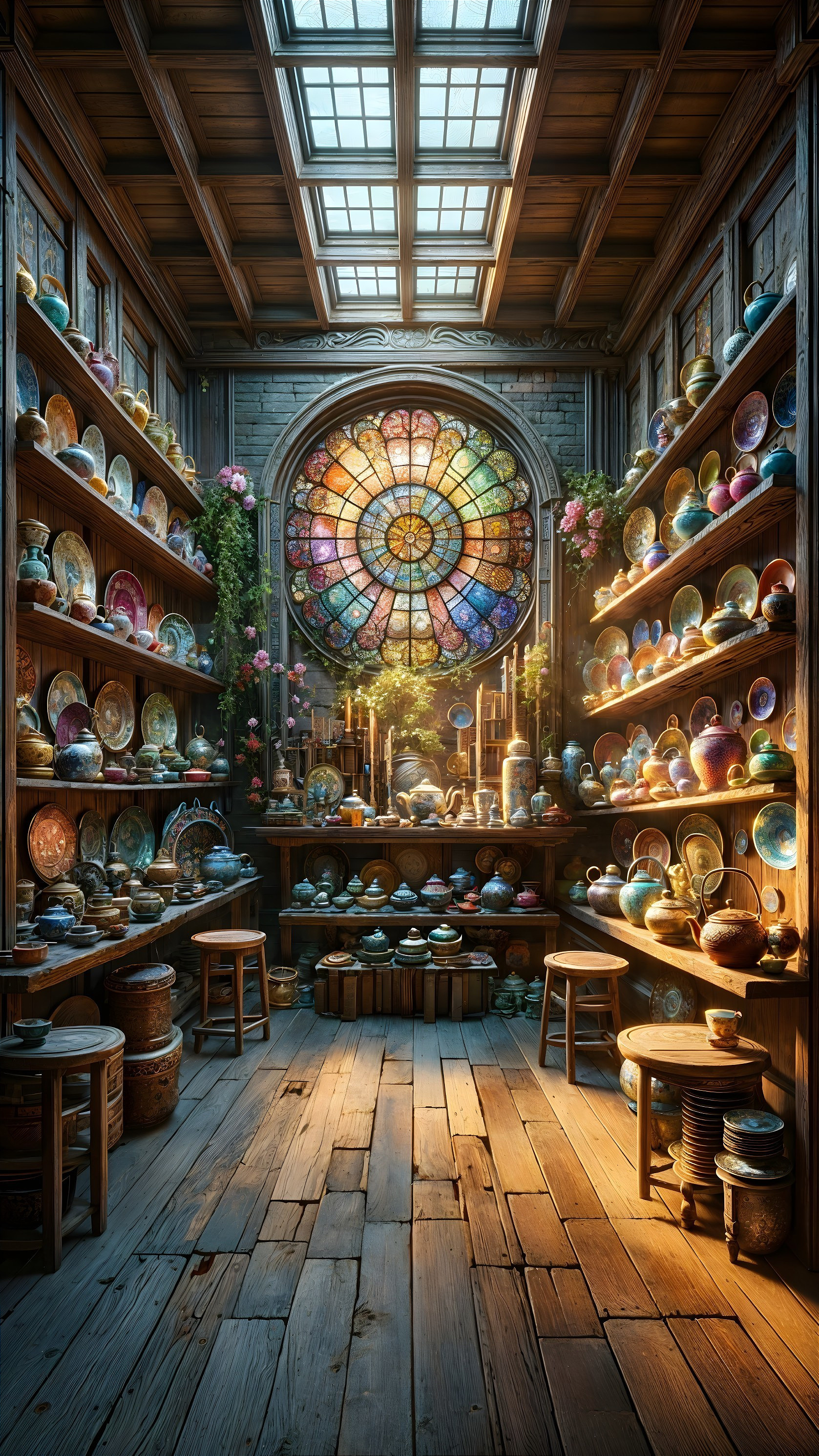Cozy Pottery Shop with Stained Glass and Rustic Decor