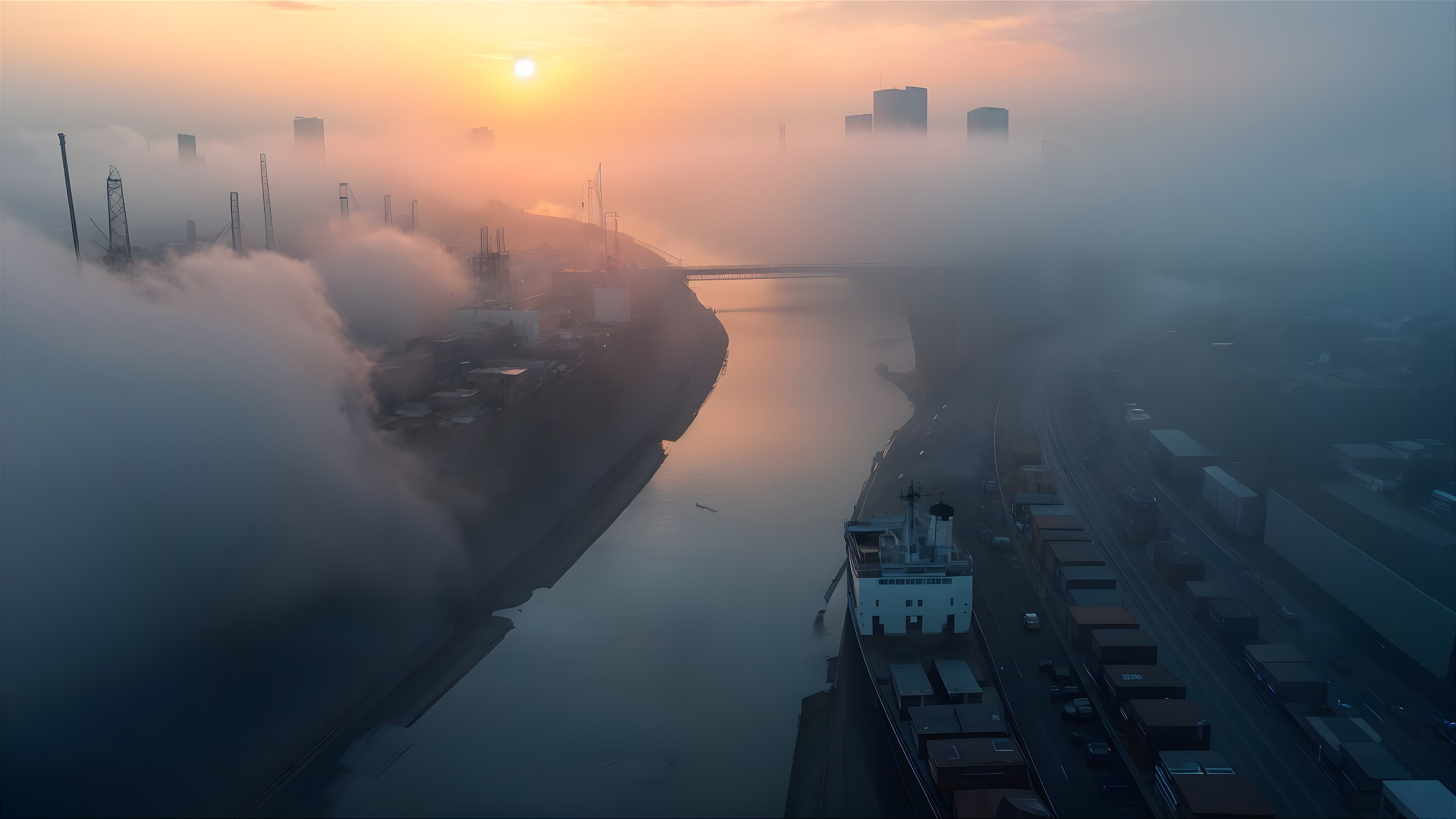 Serene Sunrise Over Foggy Harbor with Industrial Elements