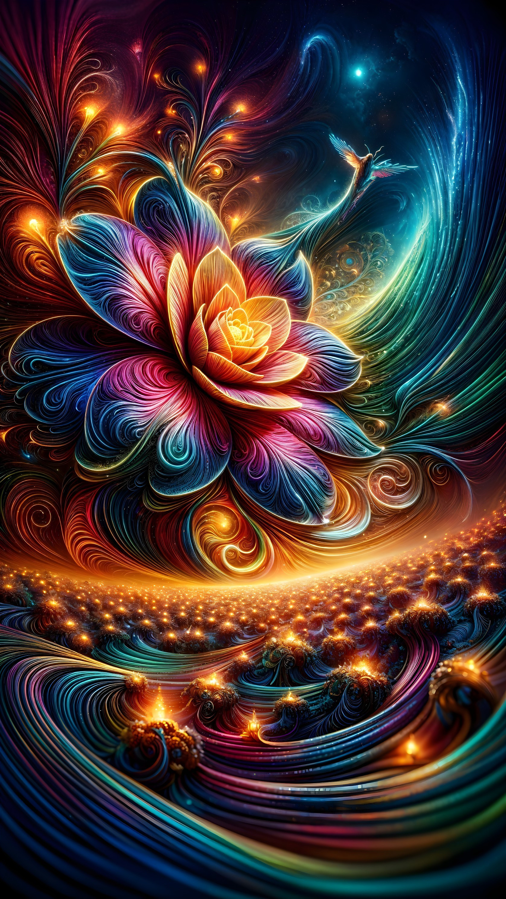 Surreal Landscape with Multi-Colored Lotus Flower