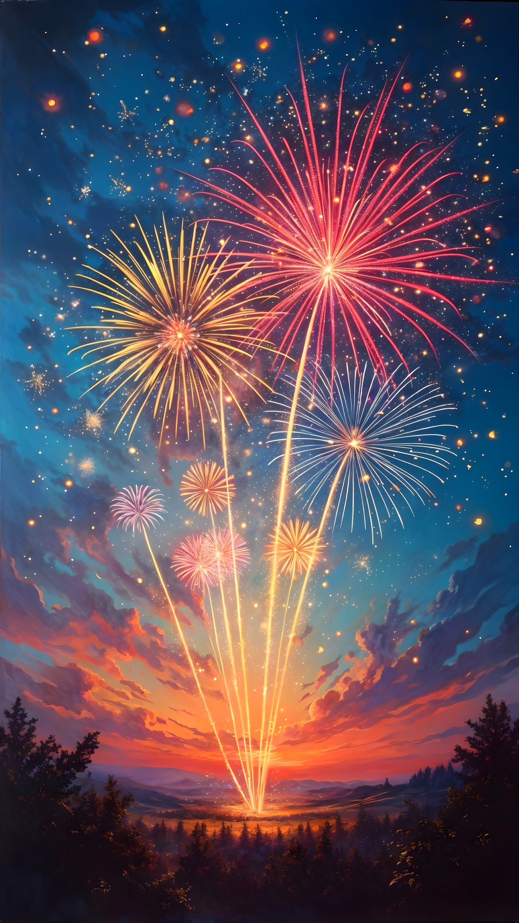 Colorful Fireworks Illuminate a Vibrant Night Sky