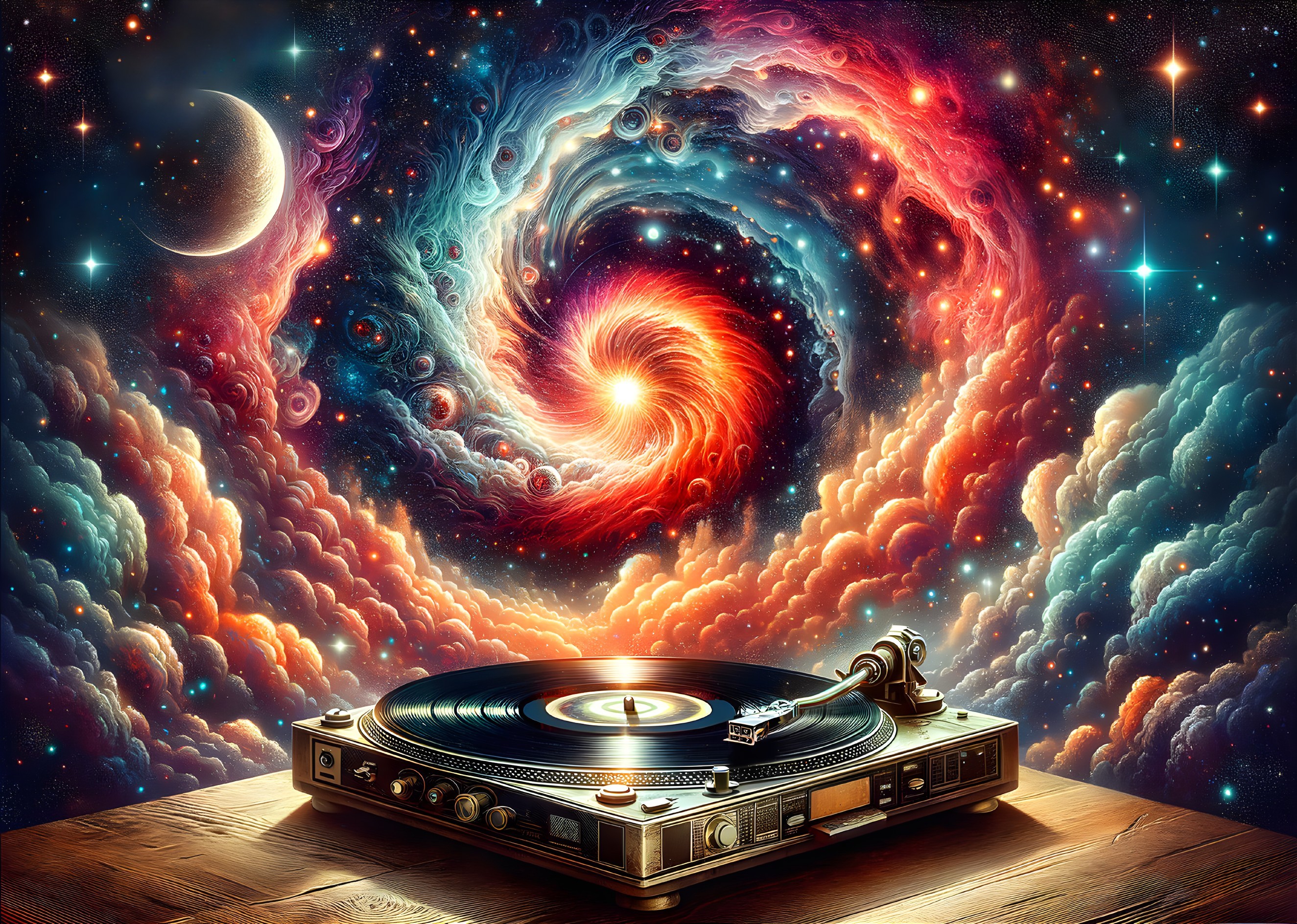 Vintage Record Player Against Cosmic Backdrop