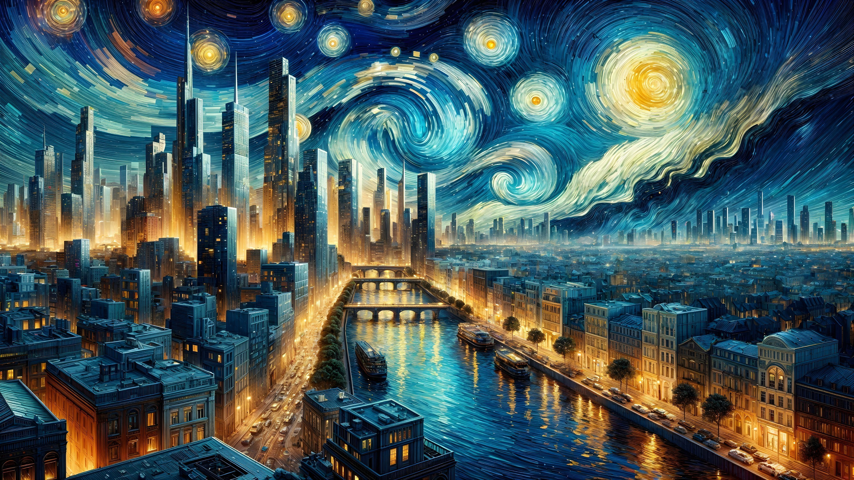 Vibrant Cityscape with Night Sky and Skyscrapers