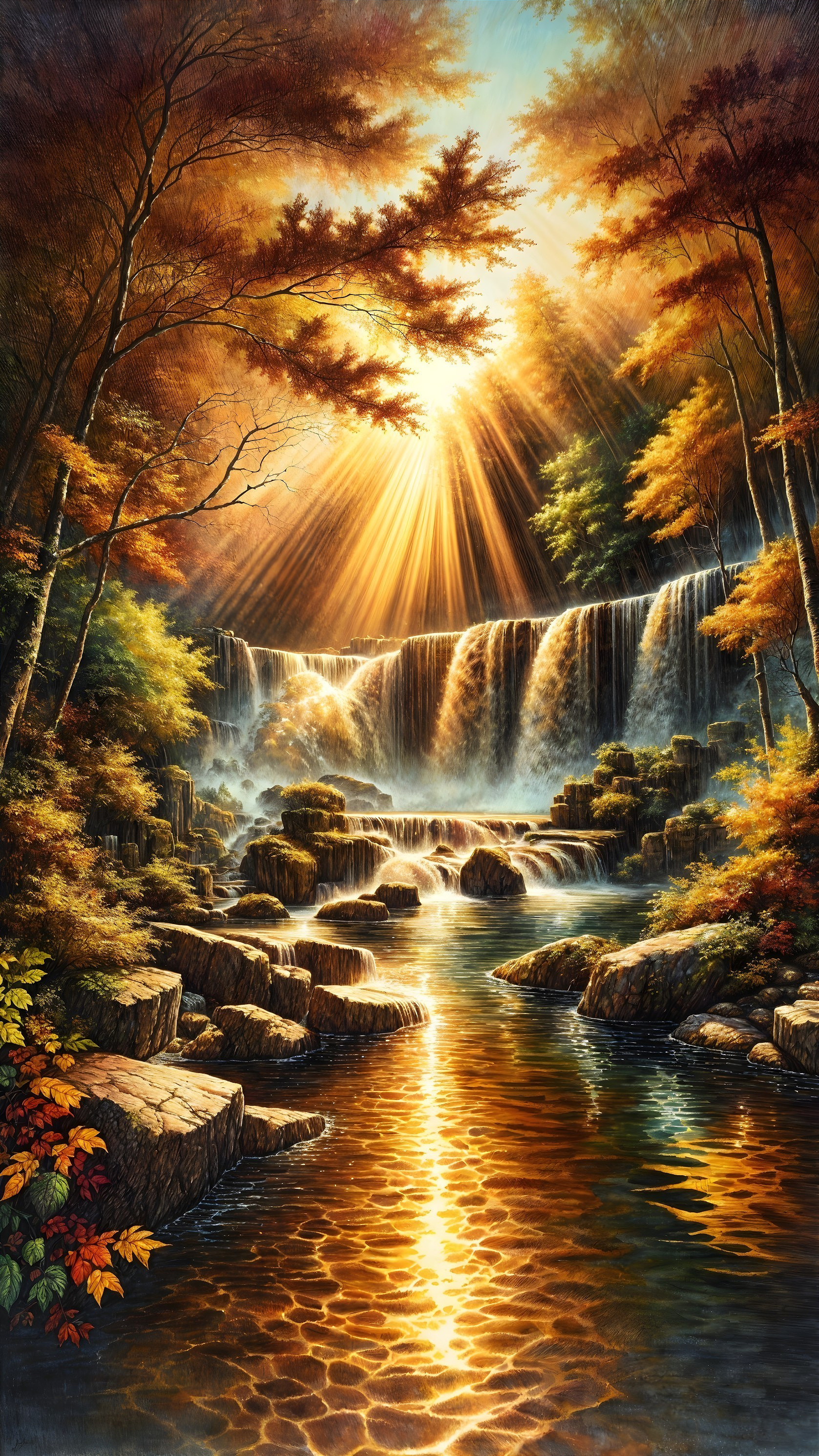 Cascading Waterfall in Autumn Landscape Scene