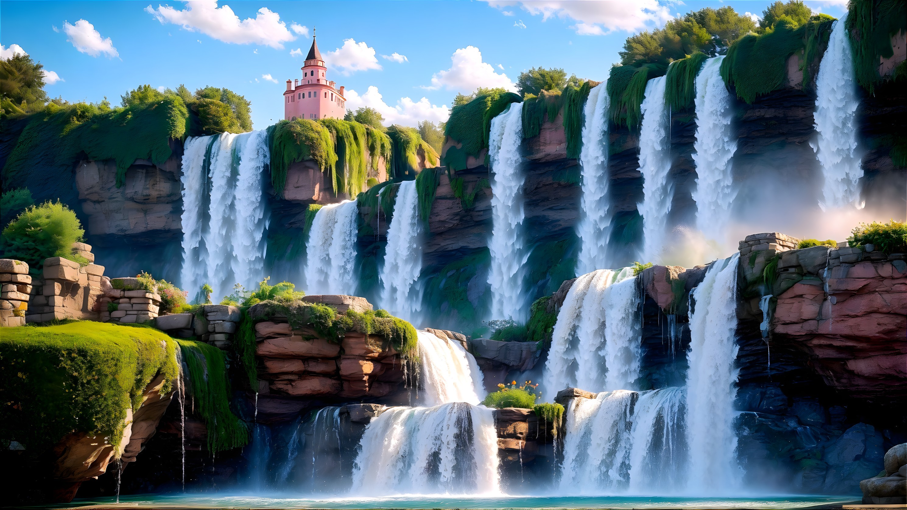 Cascading Waterfalls and Pink Castle Landscape Scene