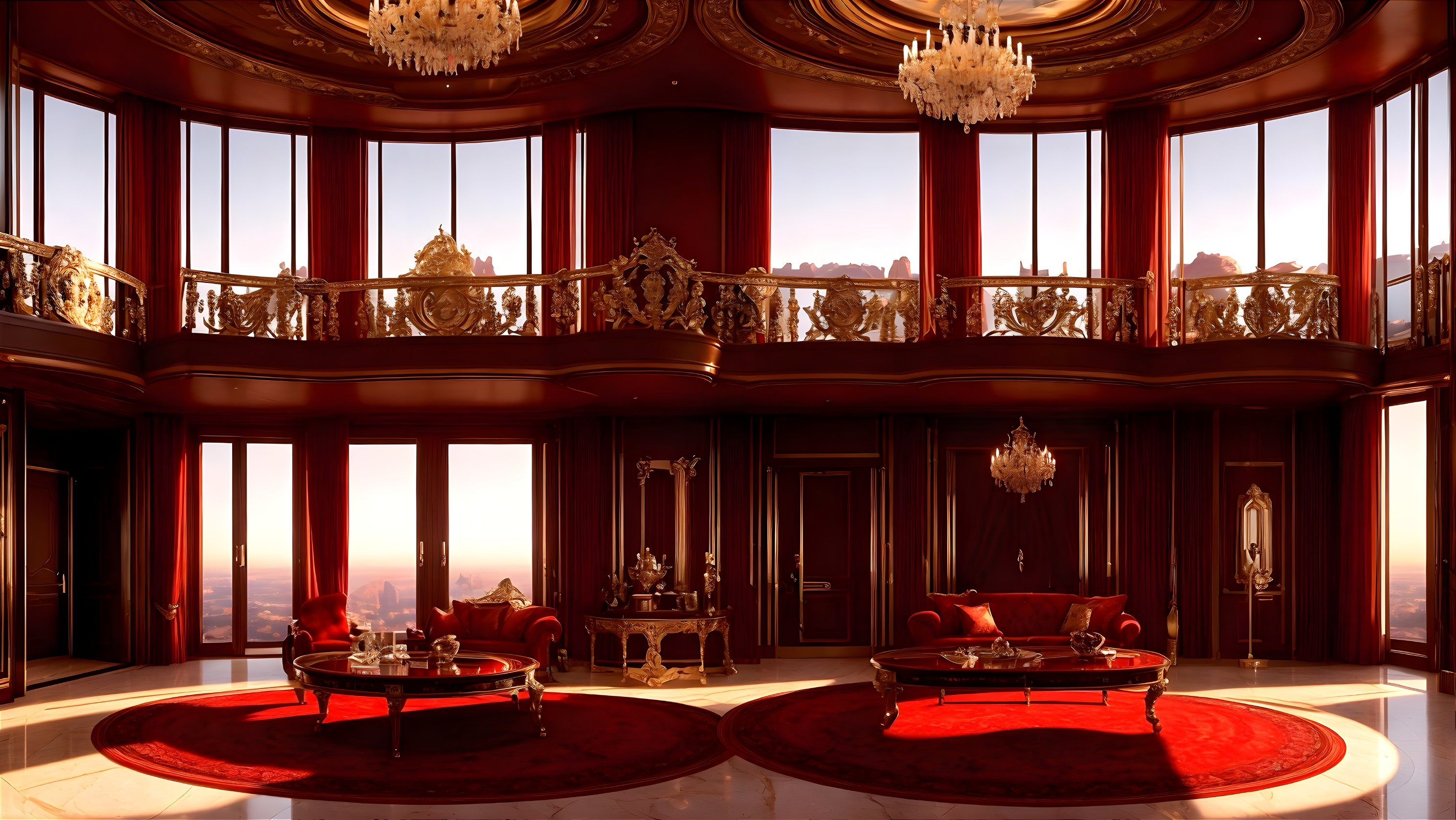 Luxurious Interior Featuring Red Sofas and Marble Floor