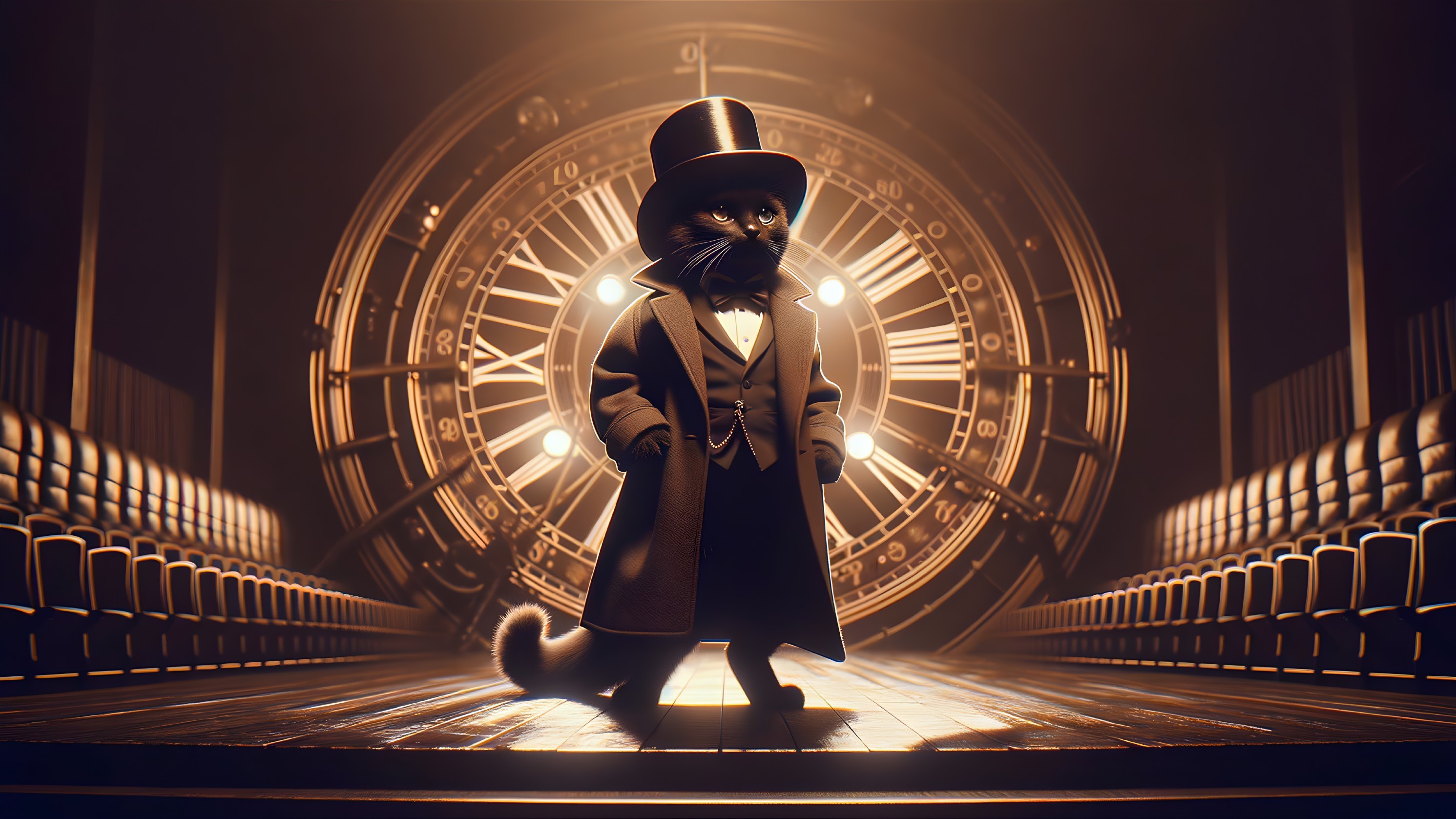 Stylish Cat in Tuxedo on Grand Theatrical Stage