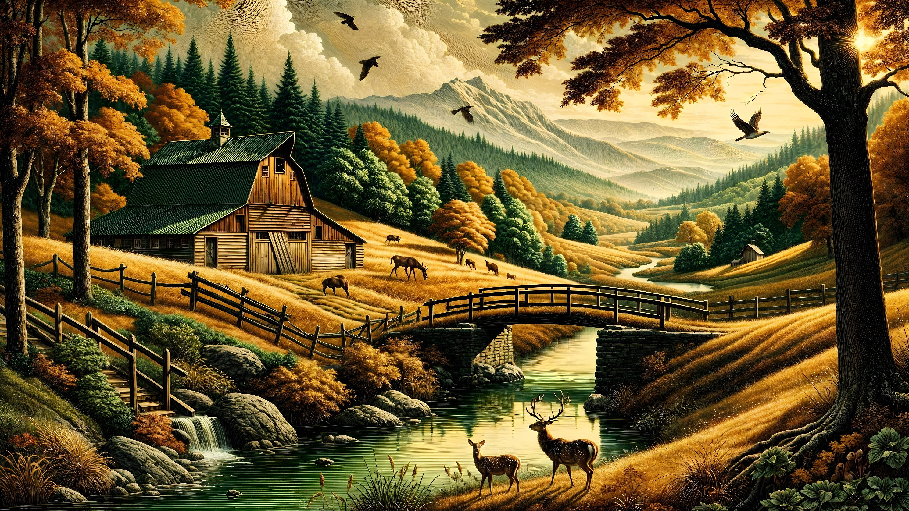 Autumn Landscape with Barn, Deer, and Mountains