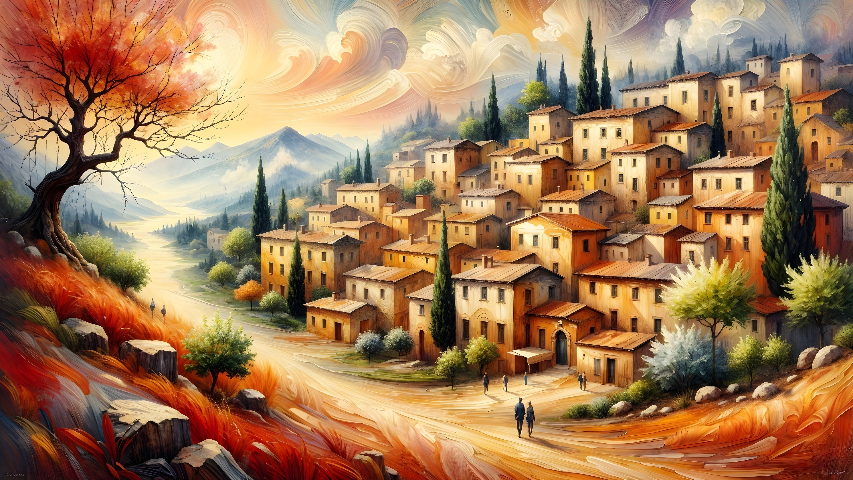 Vibrant Village Landscape Among Rolling Hills and Foliage