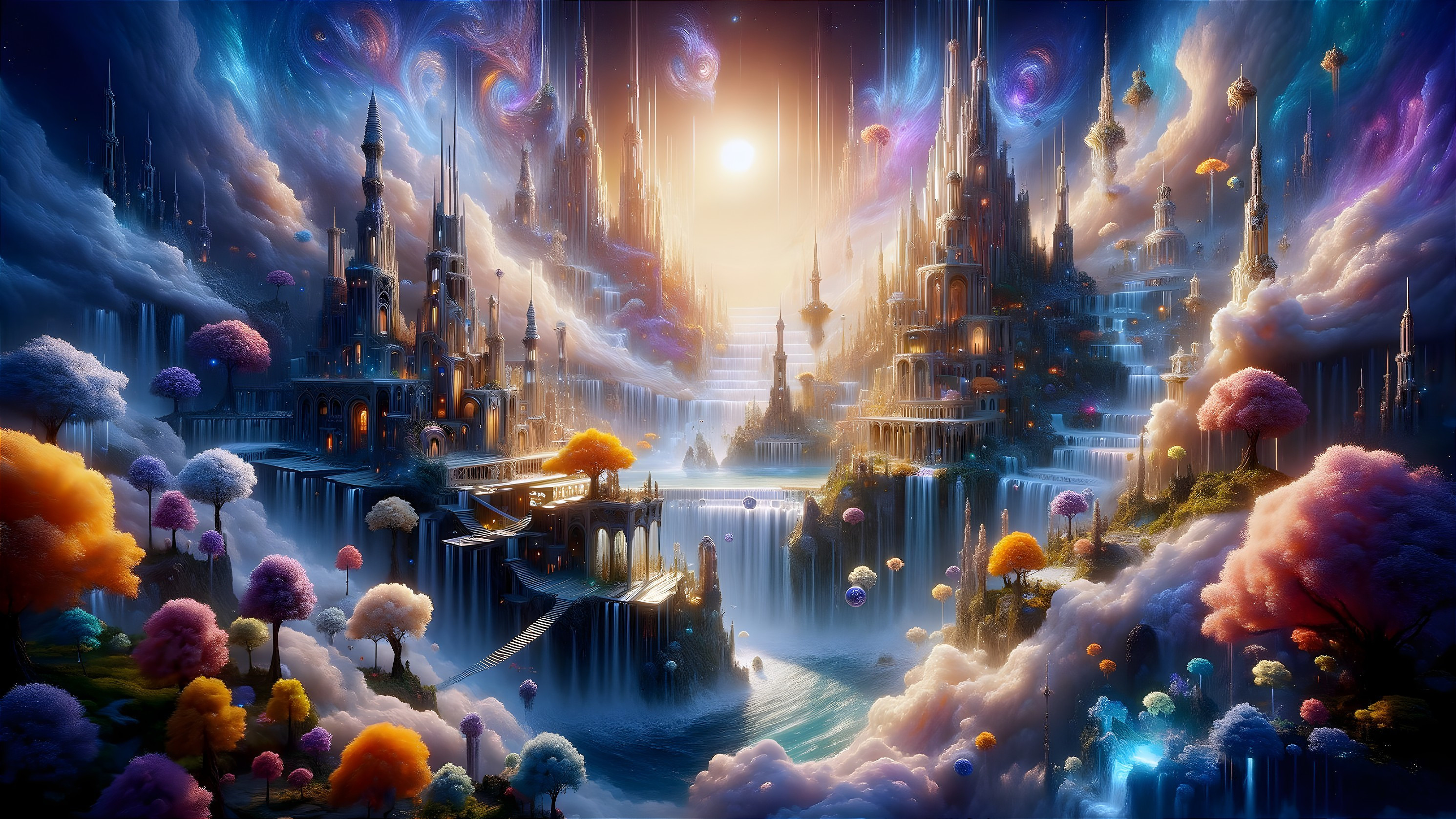 Dreamlike Landscape with Castles and Waterfalls