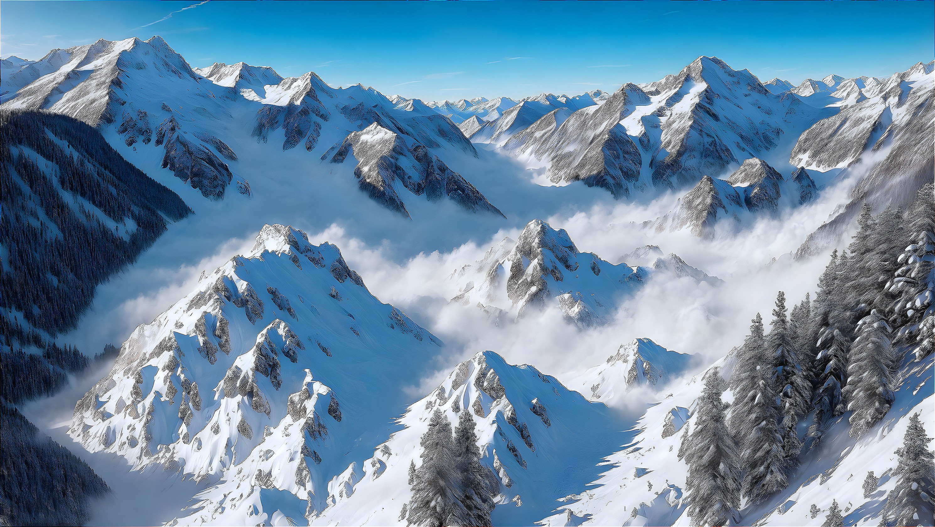 Winter Landscape with Snow-Covered Mountains and Clouds