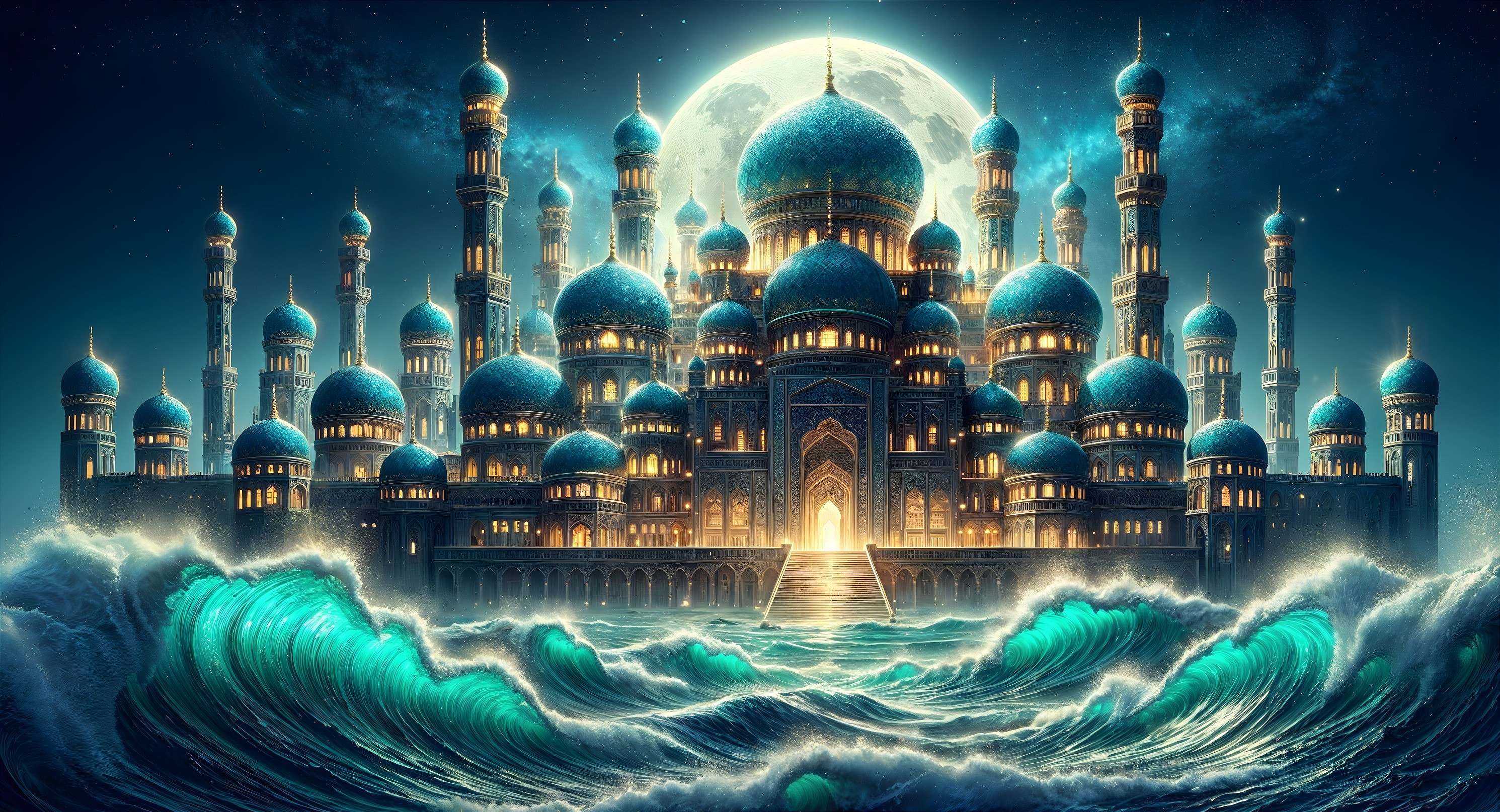 Majestic Palace Overlooking a Swirling Sea at Night