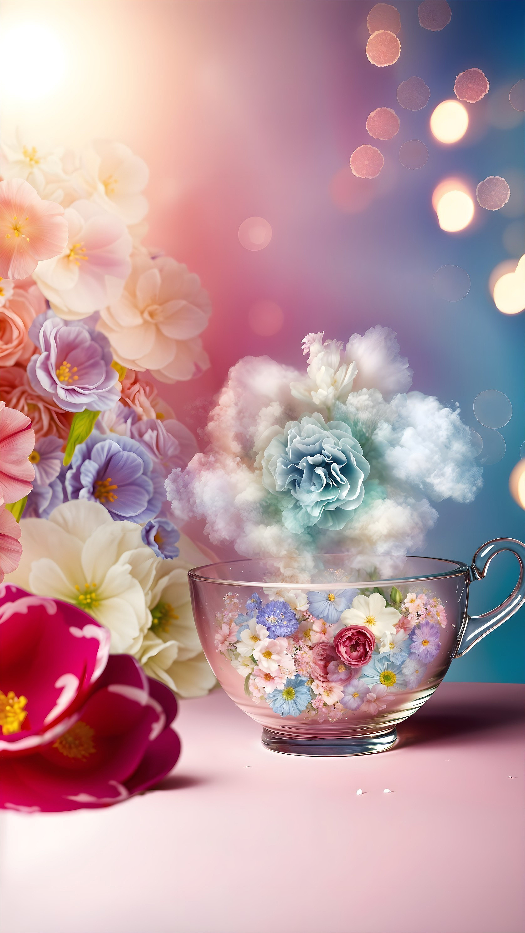 Delicate Glass Cup Overflowing with Colorful Flowers