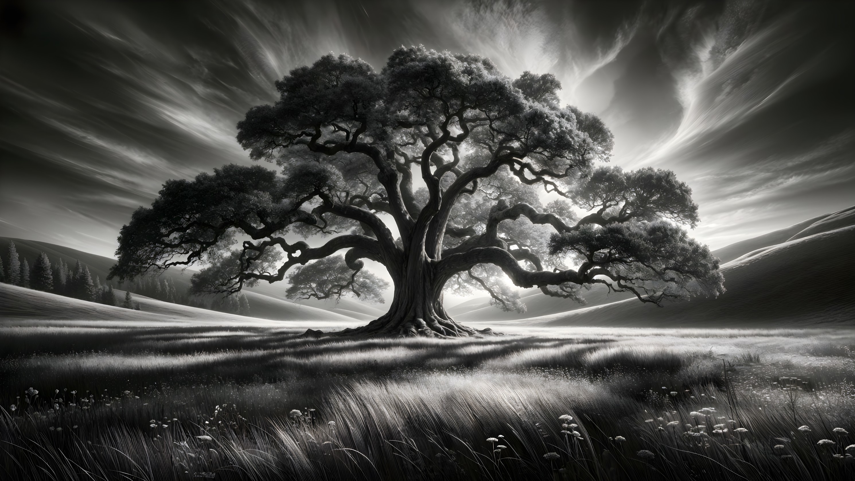 Gnarled tree in open field with dramatic sky backdrop