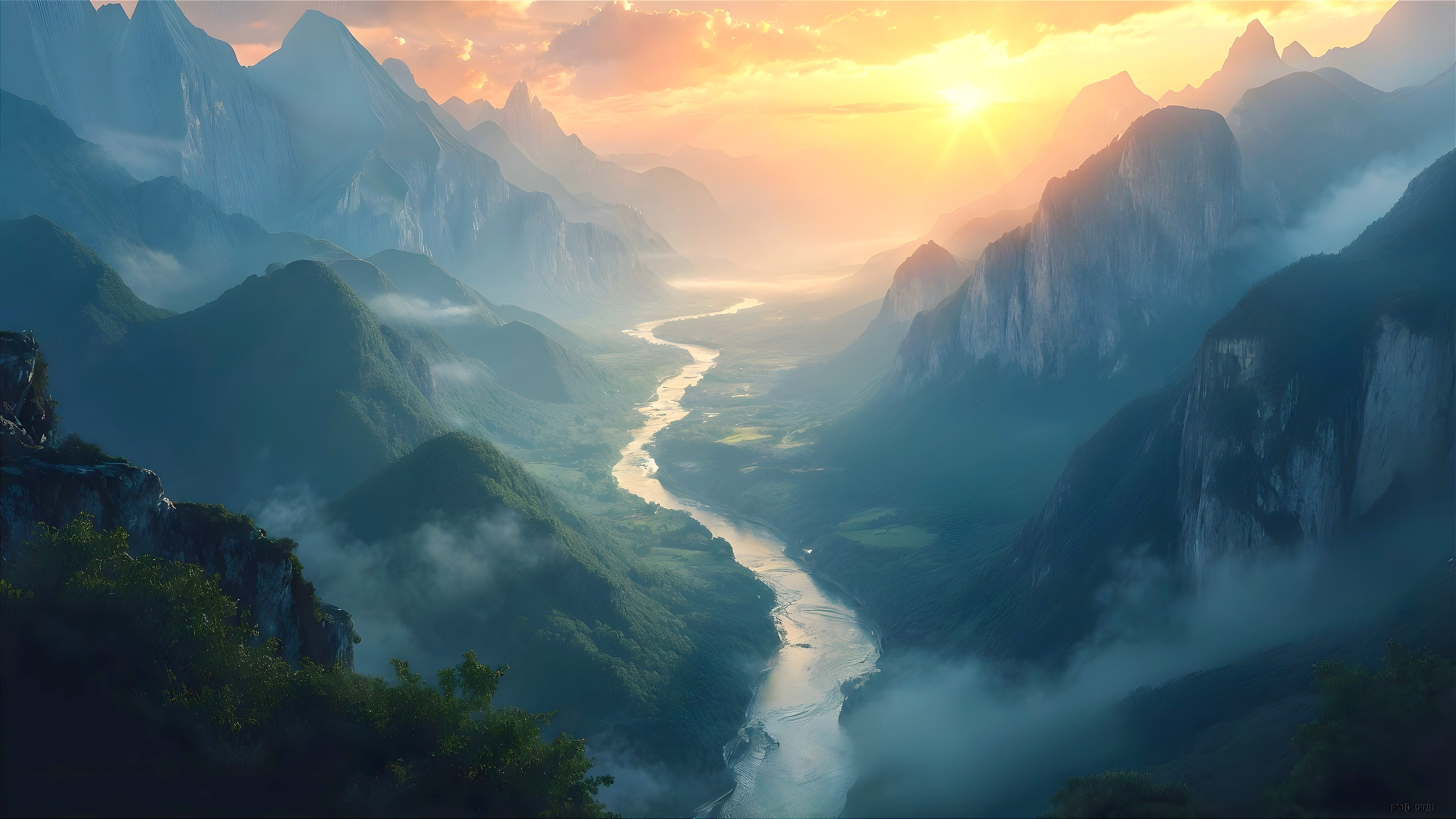 Majestic Mountains and River in Serene Landscape