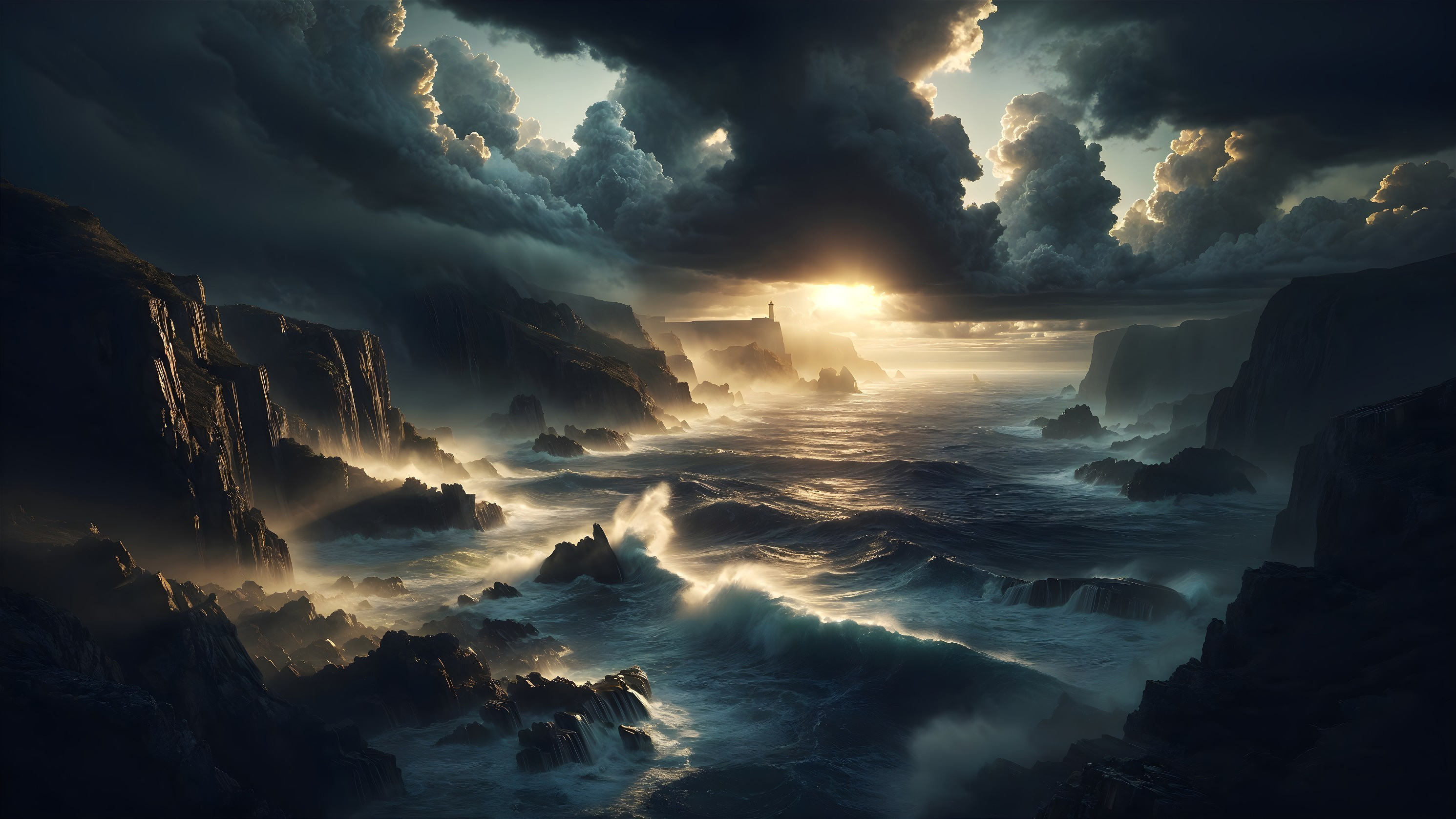 Dramatic Seascape with Cliffs and Lighthouse