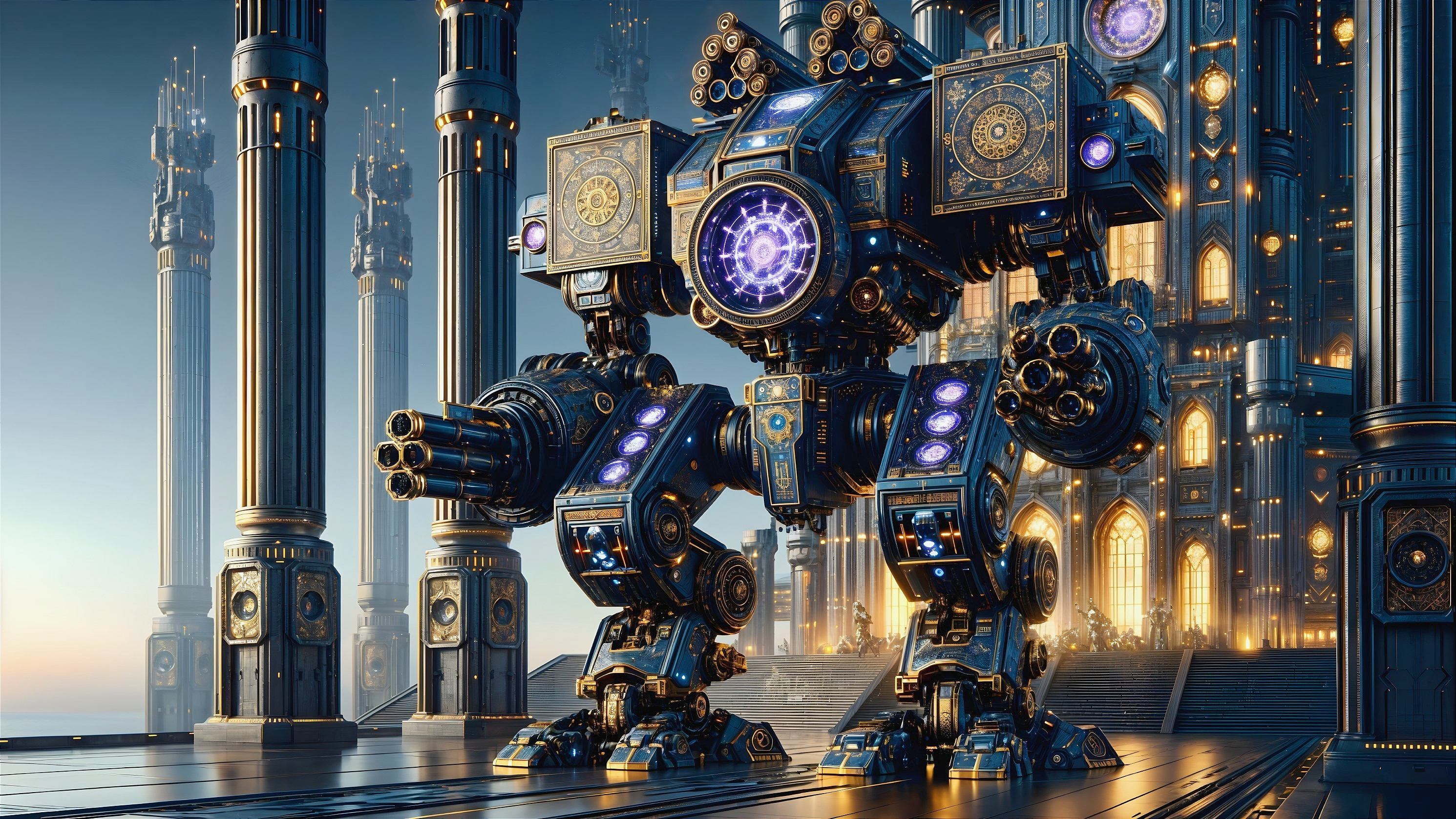 Intricately Designed Robotic Figure in Grand Hall