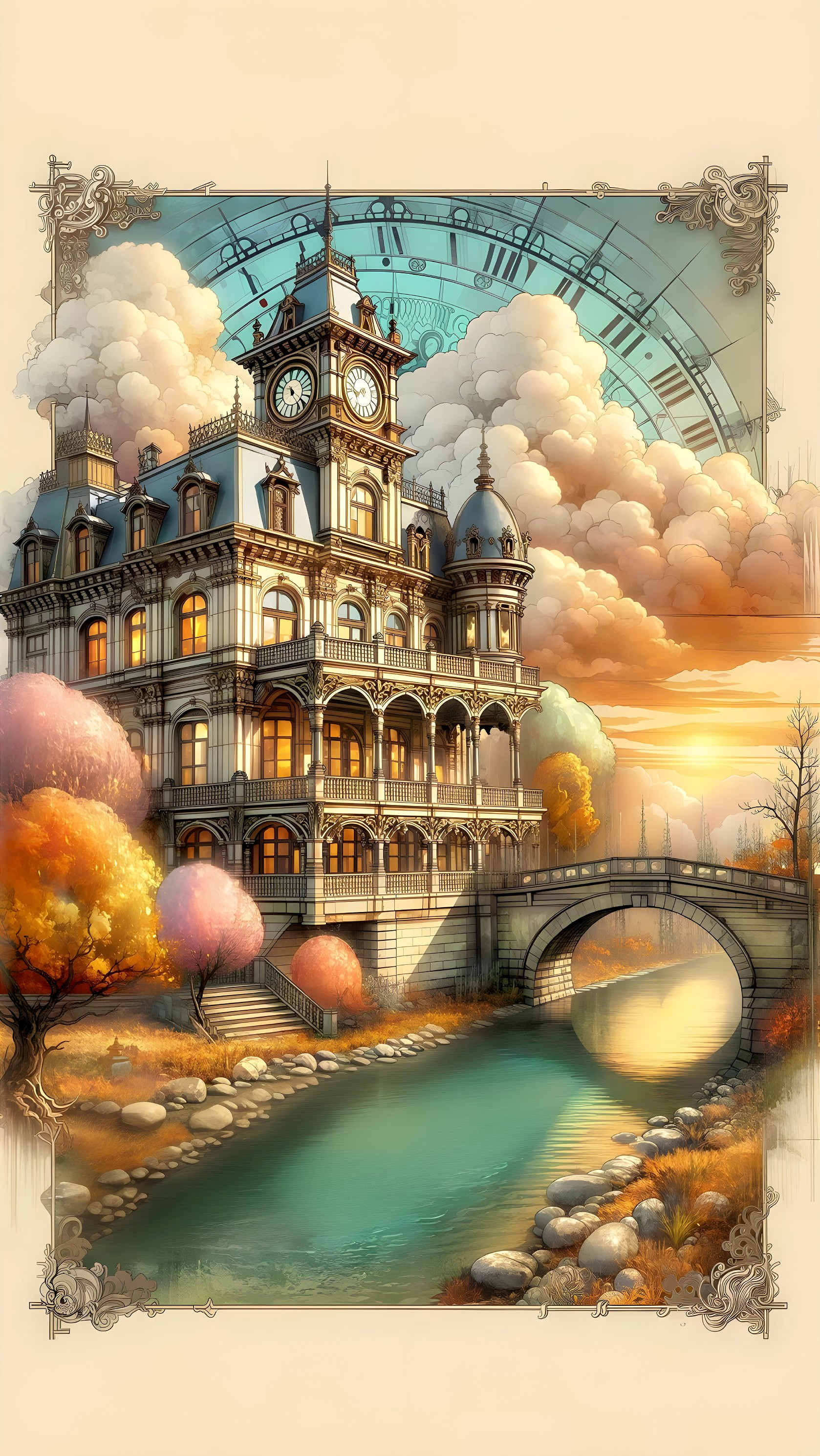 Steampunk Mansion with Clock Tower and Turquoise River