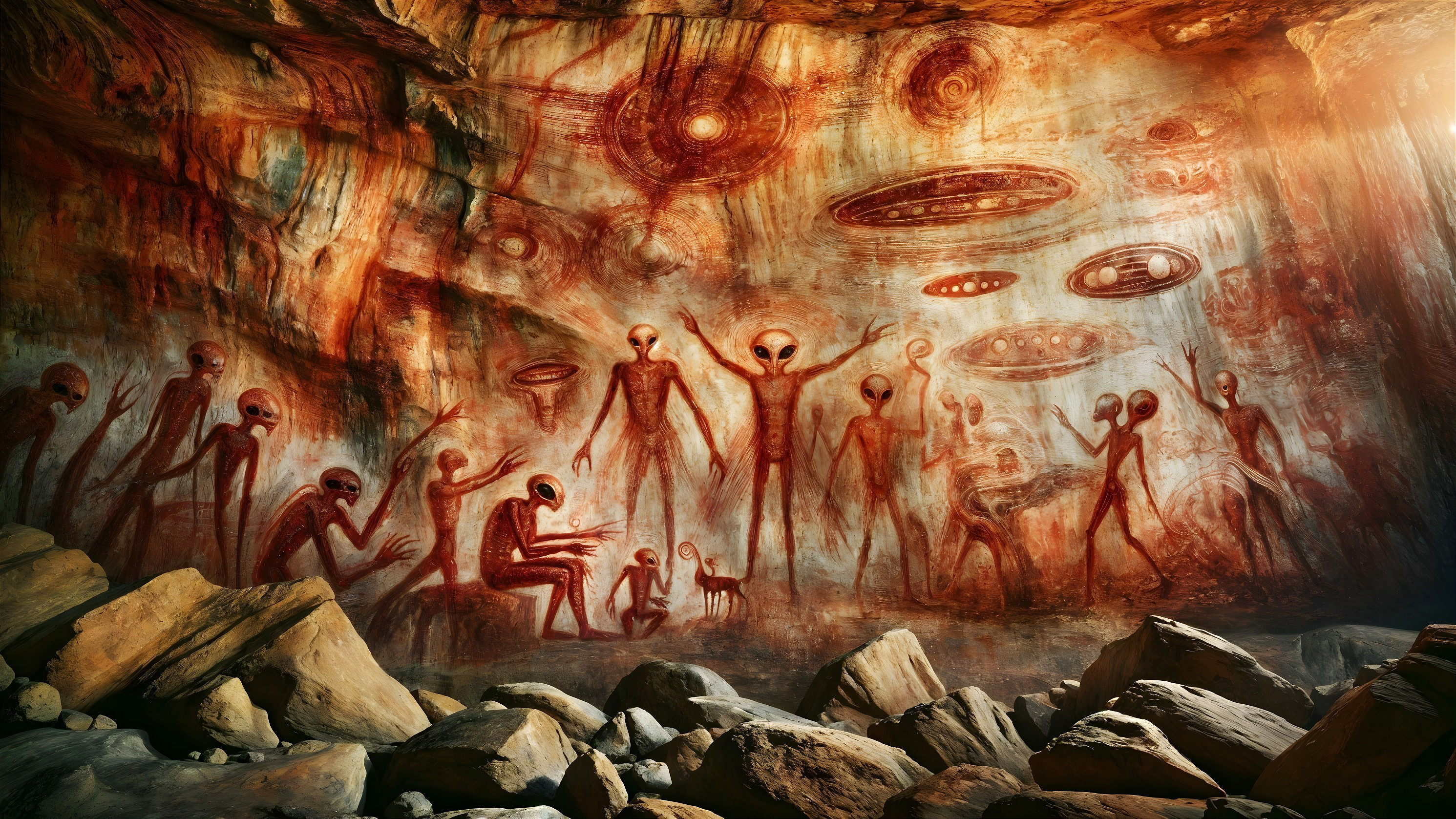 Ancient Rock Art Depicting Alien Figures in Cave