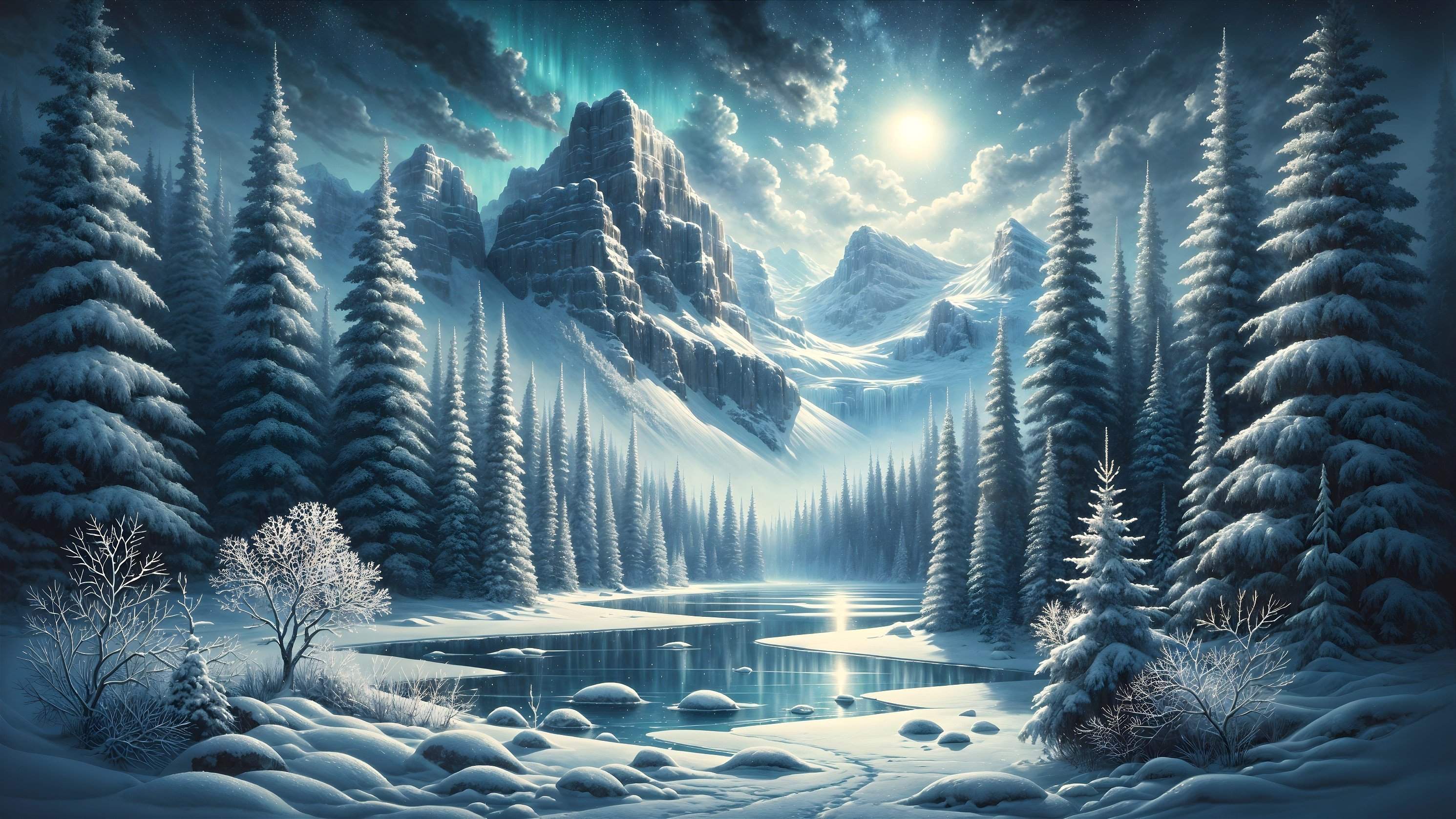 Serene Winter Landscape with Snow-Capped Mountains