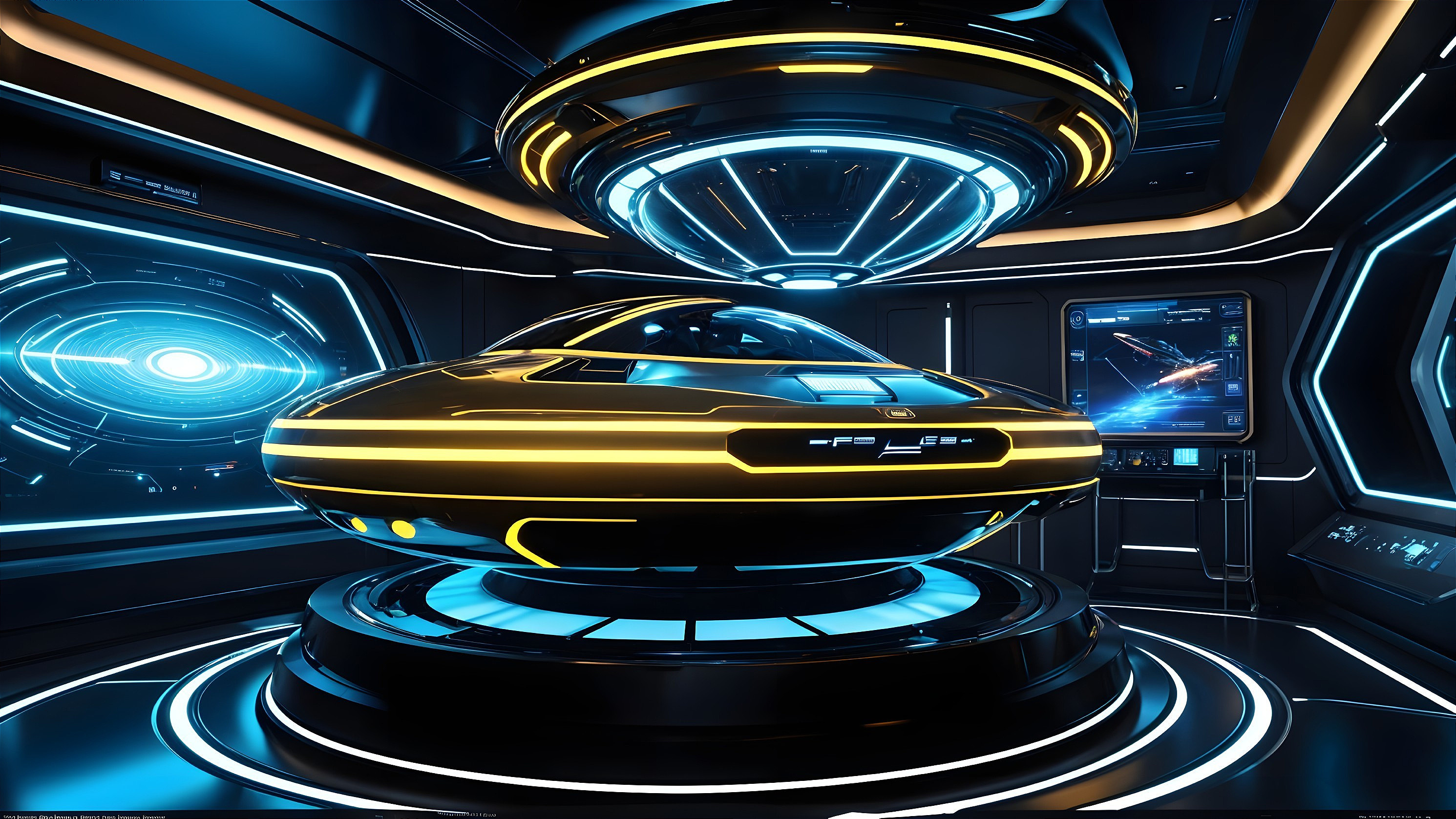 Futuristic UFO in Neon-Lit Spacecraft Hangar